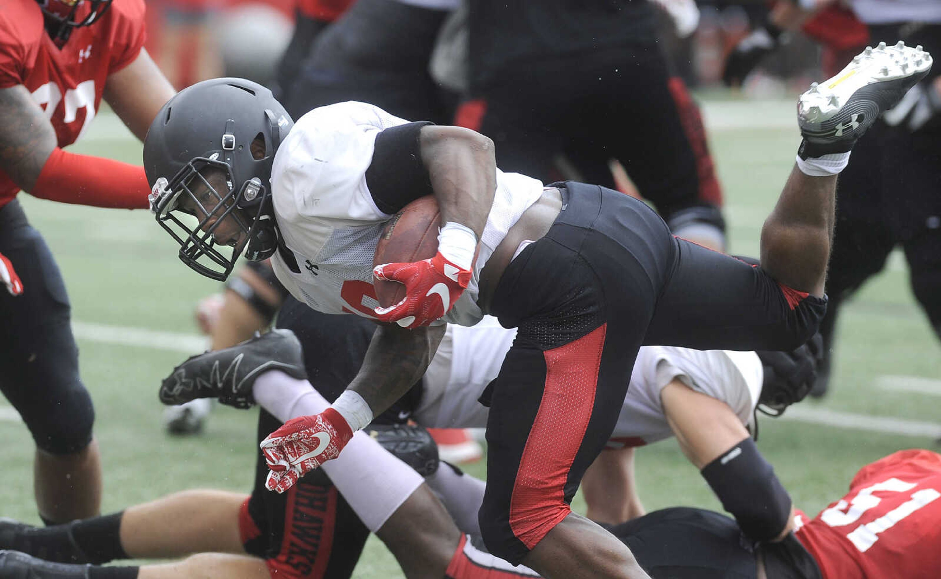 FRED LYNCH ~ flynch@semissourian.com
Southeast Missouri State running back Zion Custis scores a touchdown during the last preseason scrimmage Saturday, Aug. 18, 2018 at Houck Field.