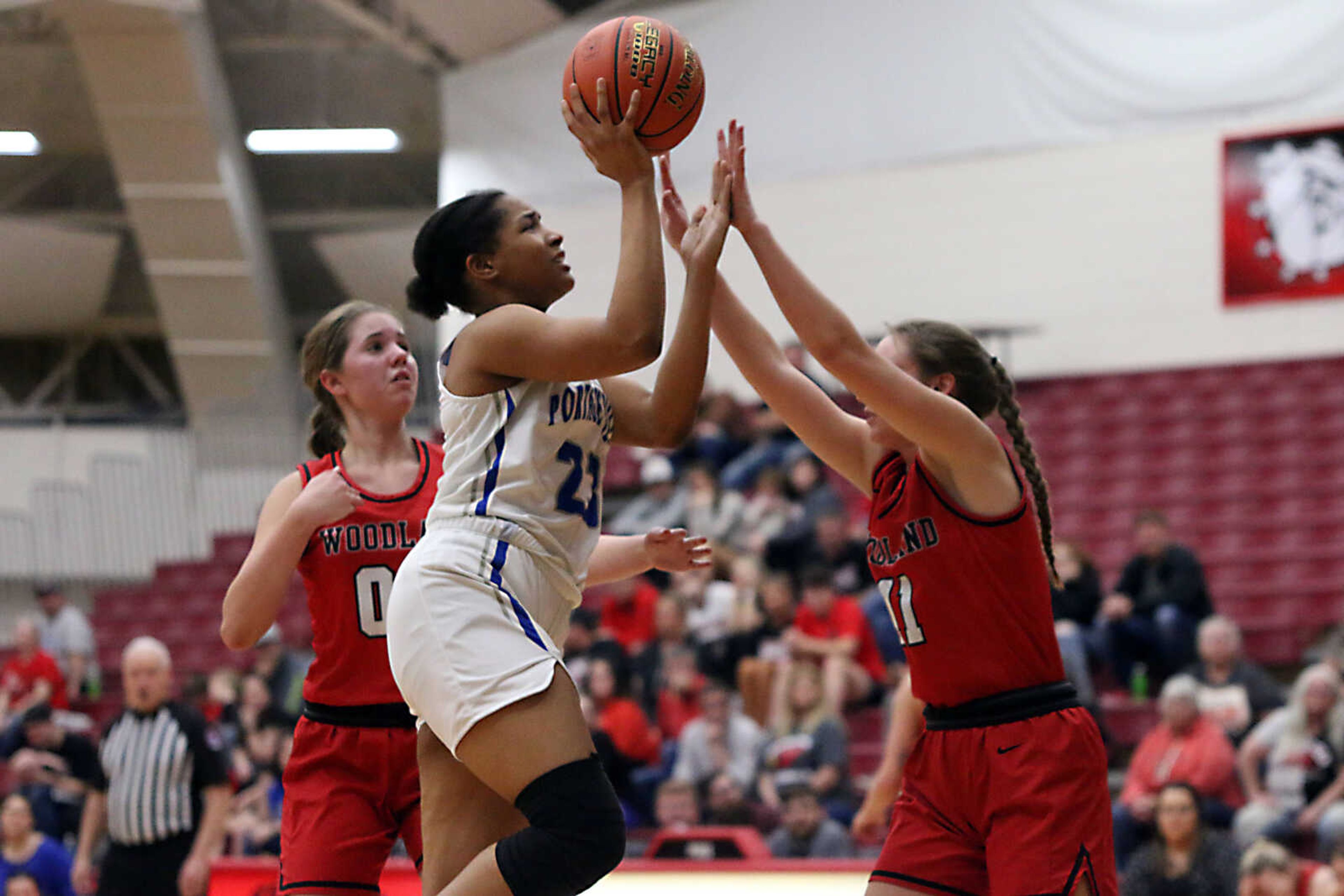 Portageville's Ja'Niya Smith (23) shoots&nbsp;during a 61-25 win over Woodland in a MSHSAA Class 3 Sectional at the Sikeston Fieldhouse on Monday, Feb. 28. (Dennis Marshall/Standard-Democrat)