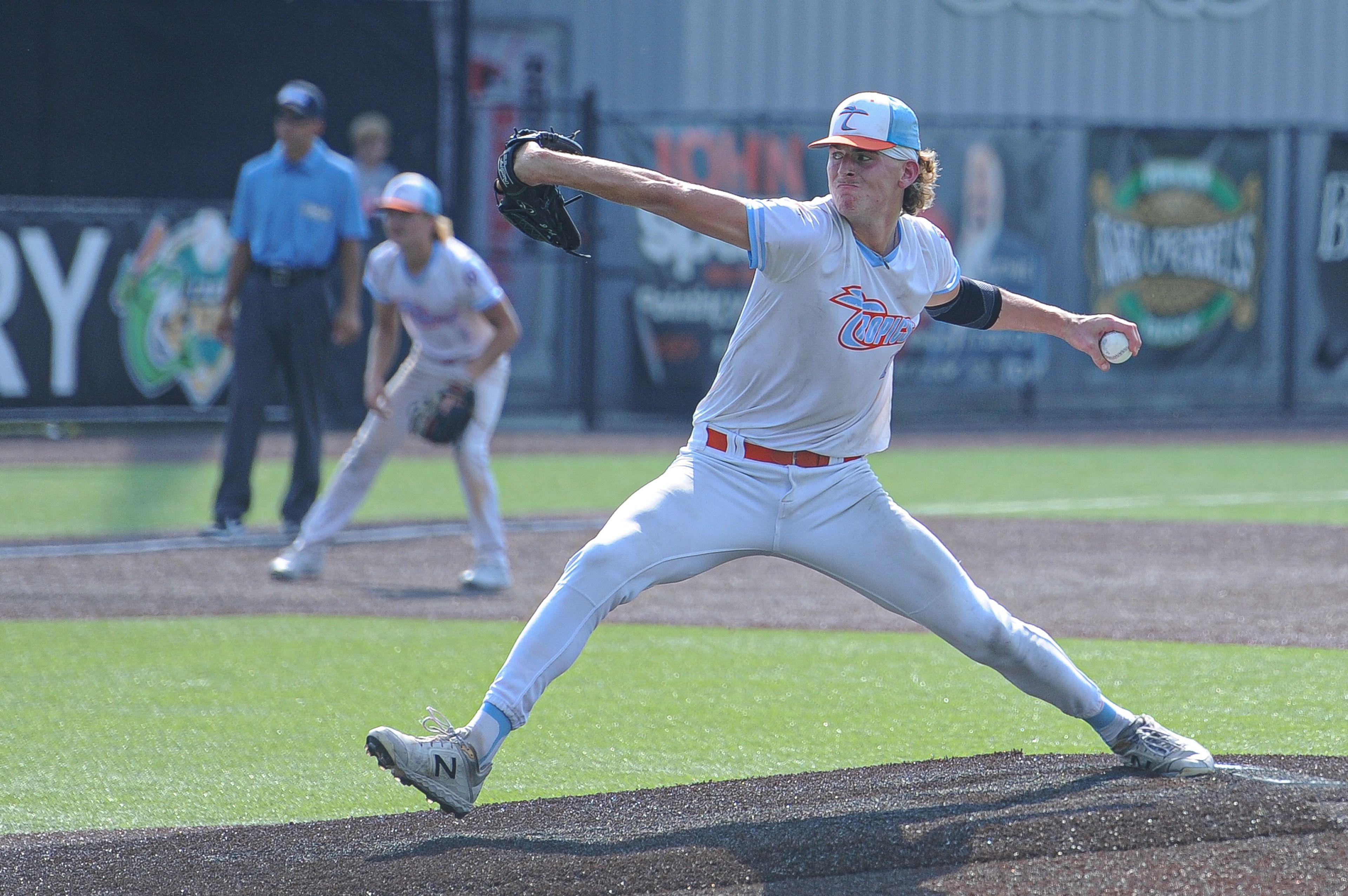 Southeast's Dalton Forck pitches during the August 15, 2024 Babe Ruth World Series third-place game between the Charleston Fighting Squirrels and the Southeast Tropics at Capaha Field in Cape Girardeau, Mo. Southeast defeated Charleston, 11-2 in five innings.