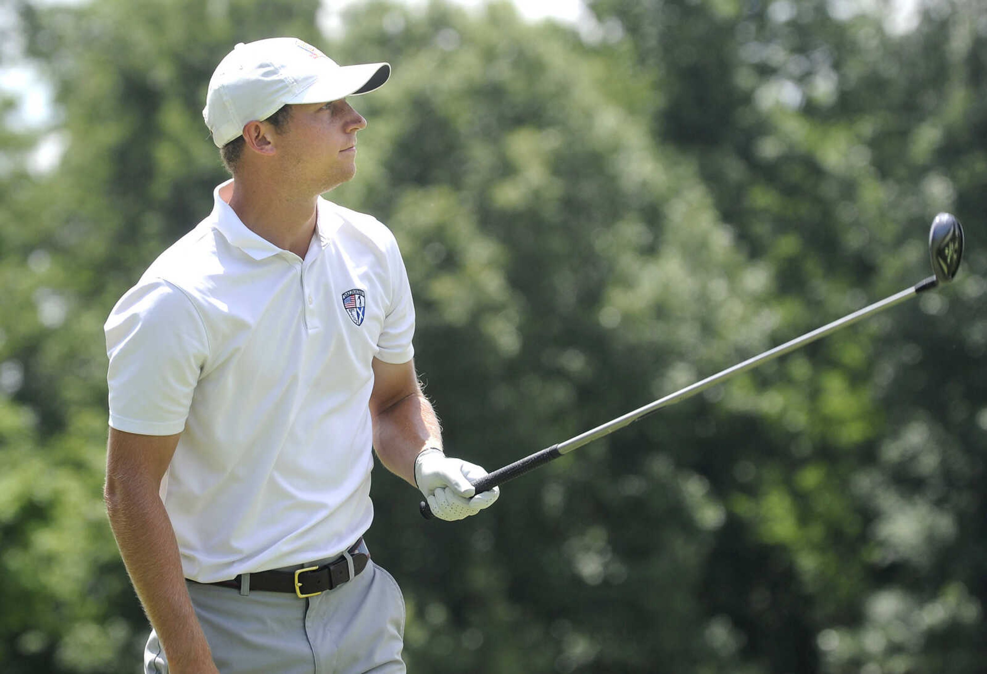 FRED LYNCH ~ flynch@semissourian.com
Travis Simmons of Cape Girardeau watches his tee shot on the first hole Tuesday, June 19, 2018 during the Missouri Amateur Championship at Dalhousie Golf Club.