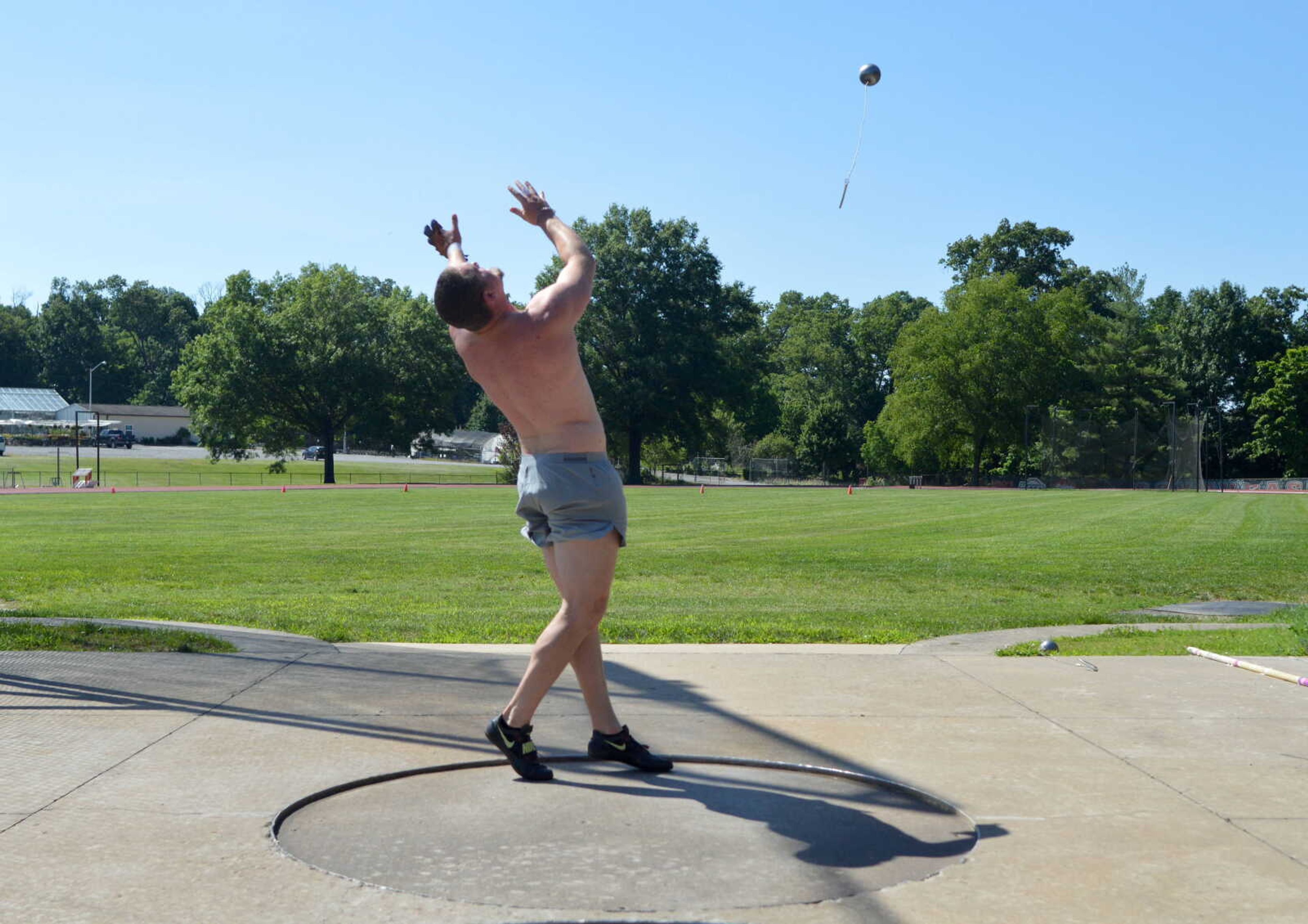 Southeast Missouri State graduate Parker Feuerborn practices his hammer throw technique Thursday, June 13, at the Abe Stuber Track Complex in Cape Girardeau.
