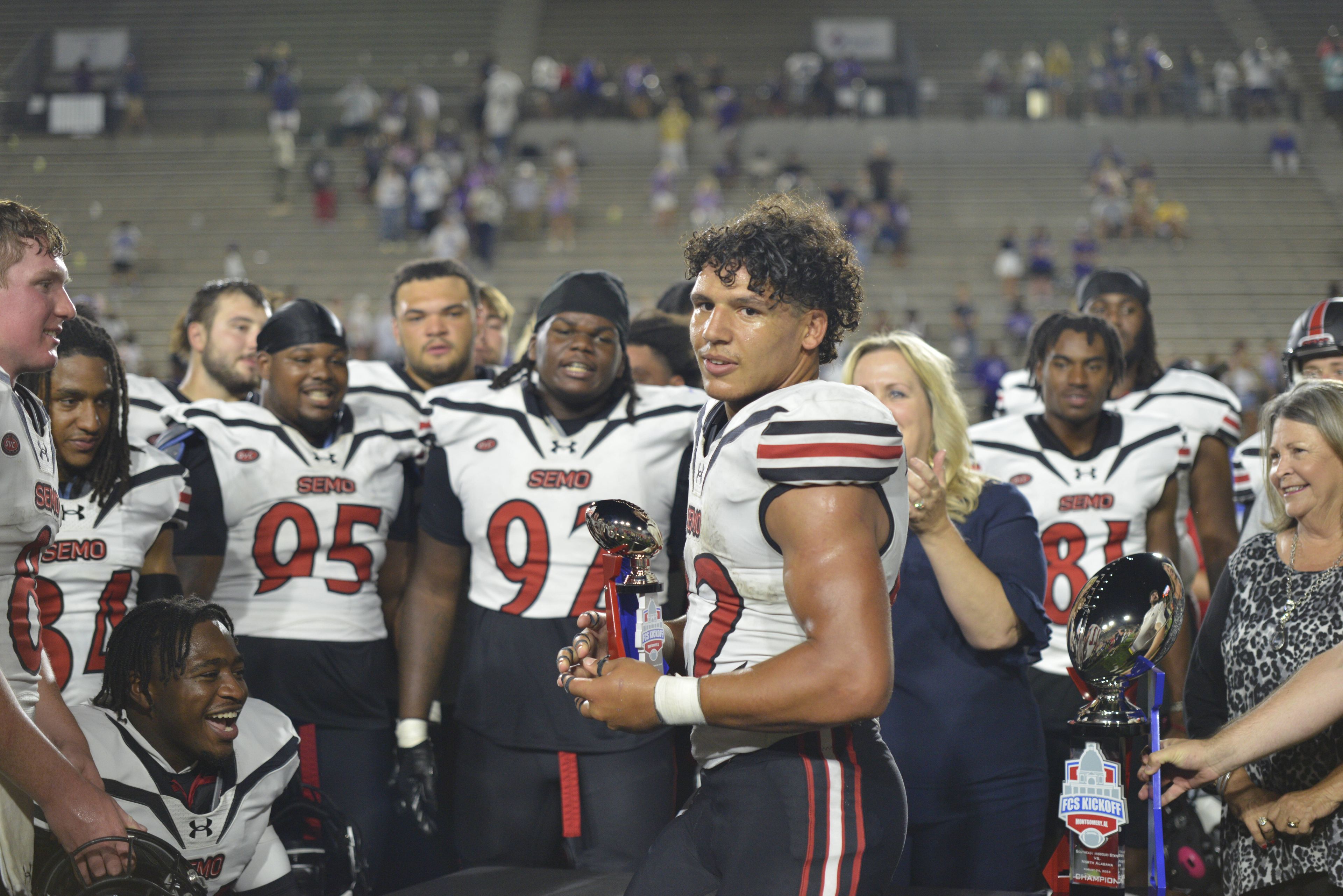 Southeast Missouri State running back Peyton Brown was awarded the FCS Kickoff MVP award after a 37-15 victory over North Alabama on Saturday, Aug. 24, in Montgomery, Alabama. 