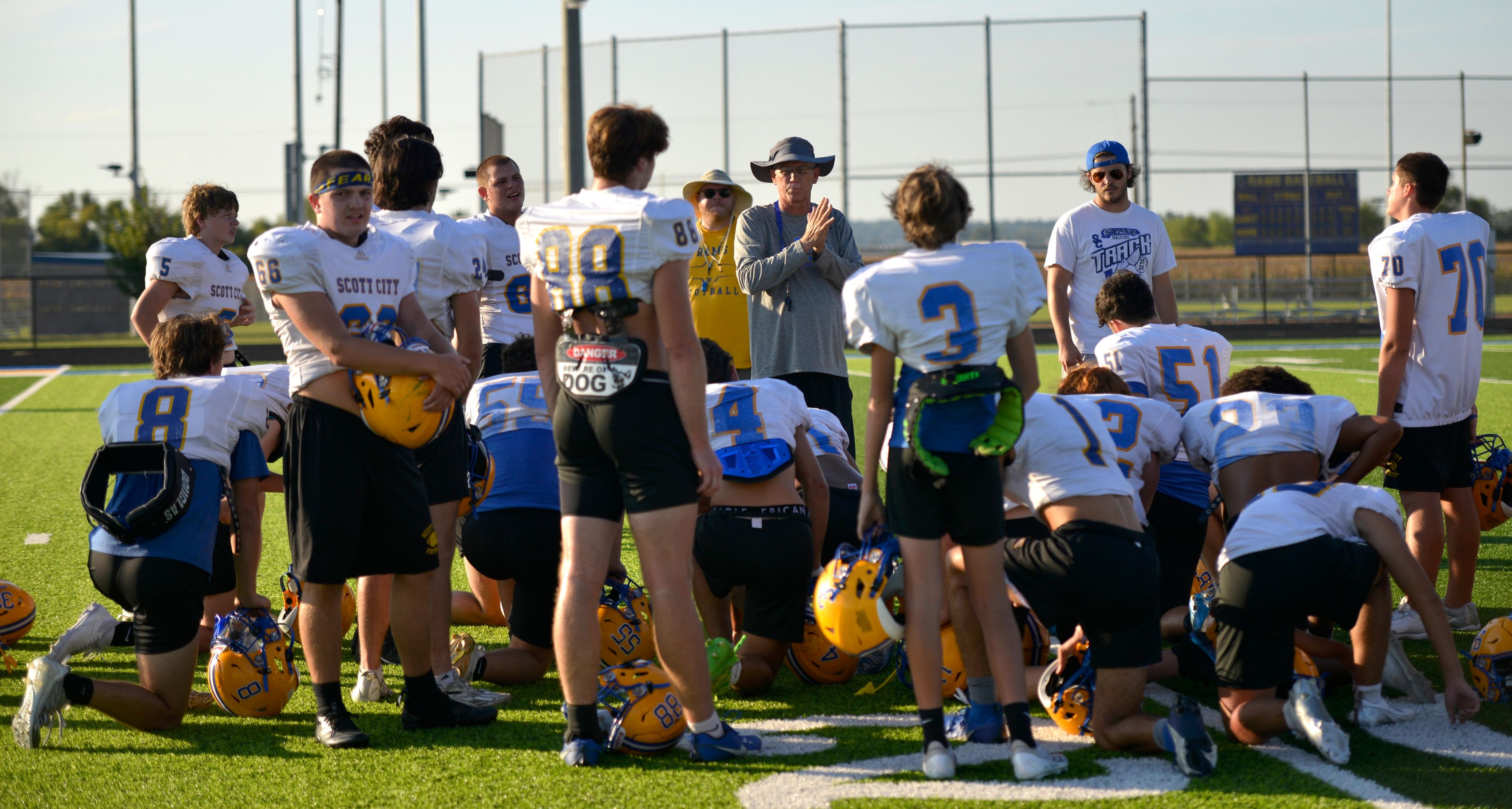 Scott City head coach Brian Beaubien address his players after practice on Tuesday, Sept. 3, in Scott City, Mo. 