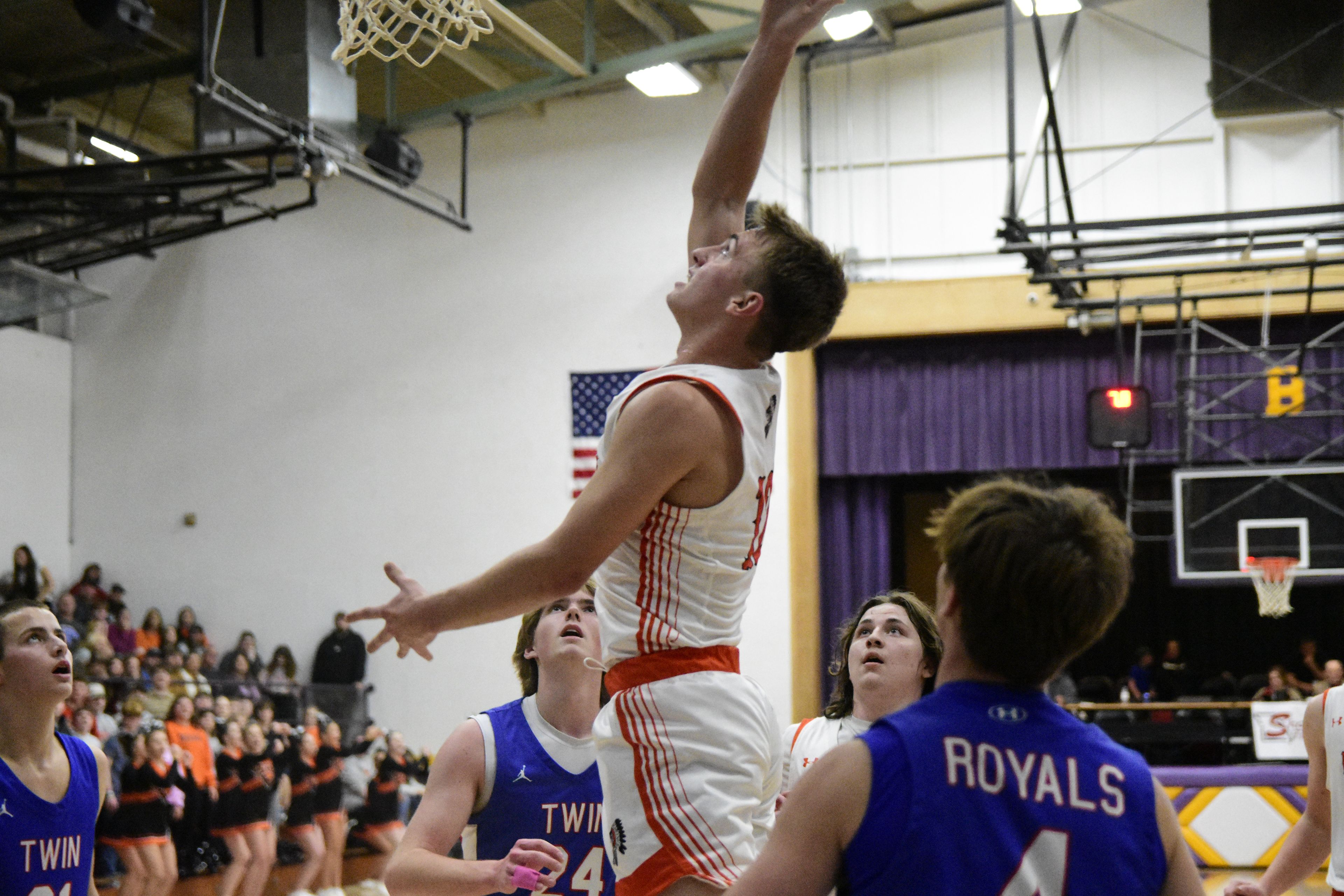 Puxico’s Jett Hancock goes up high for a basket in the first half of their semifinal game against Twin Rivers at the Bloomfield Christmas Tournament on Monday, December 29, 2025.
