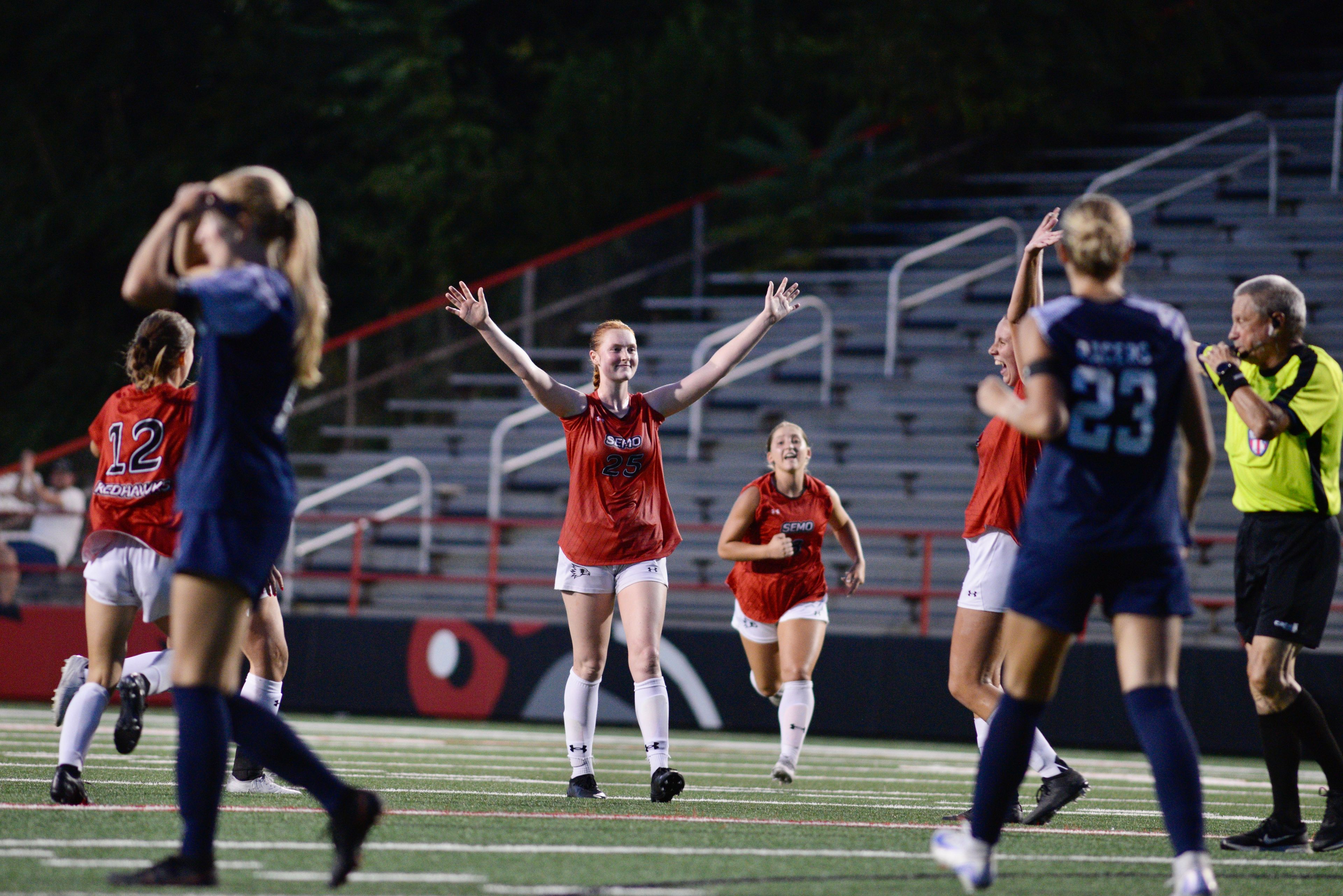 Southeast Missouri State’s Emma Tucker reacts to a goal scored during a soccer match against Murray State on Sunday, Aug. 18, at Houck Field. 