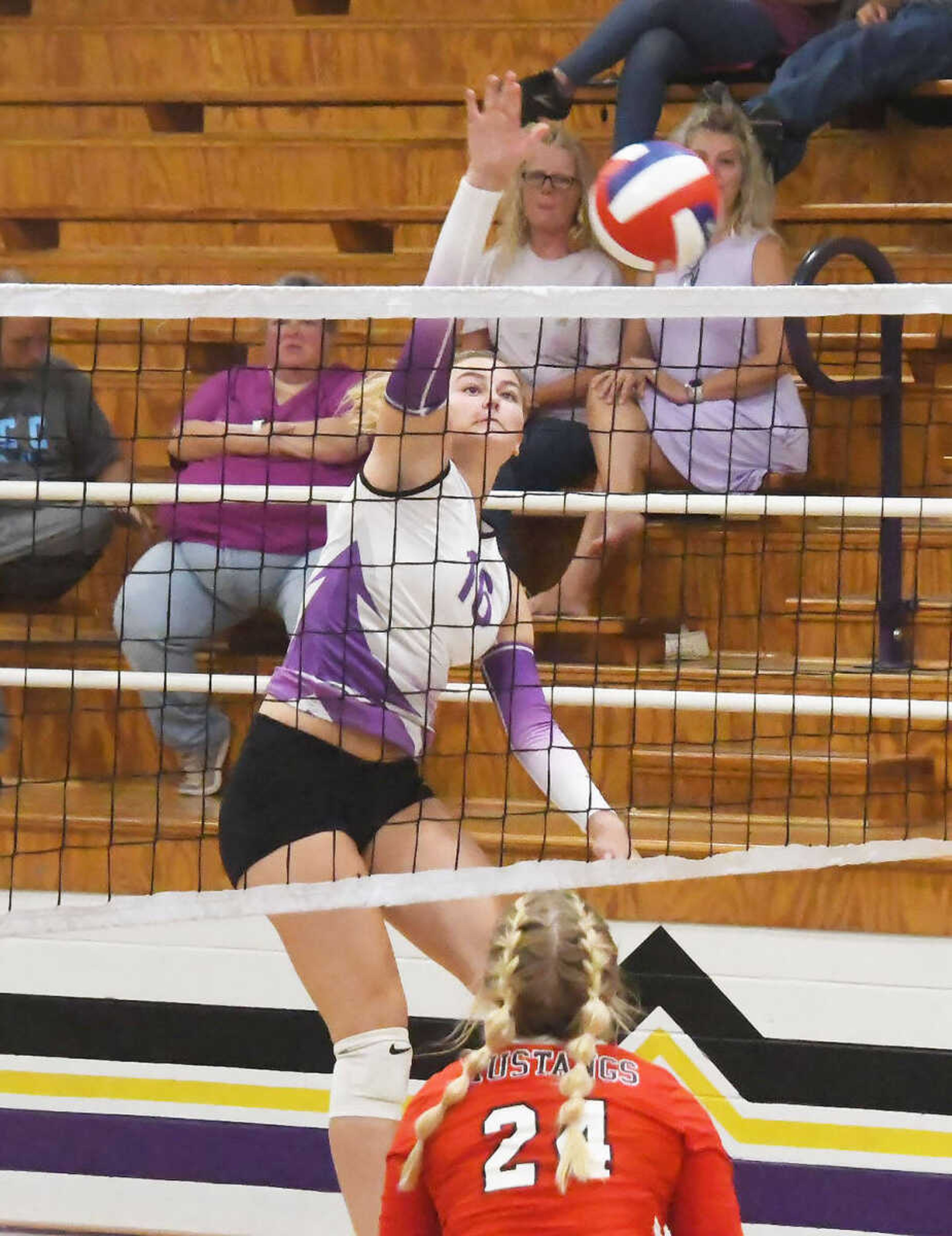 Clarkton High School senior outside hitter Bree Winchester pounds down a kill during a regular-season match versus North Pemiscot from September. Winchester was just named an all-state selection in Class 1 by the Missouri High School Volleyball Coaches Association.