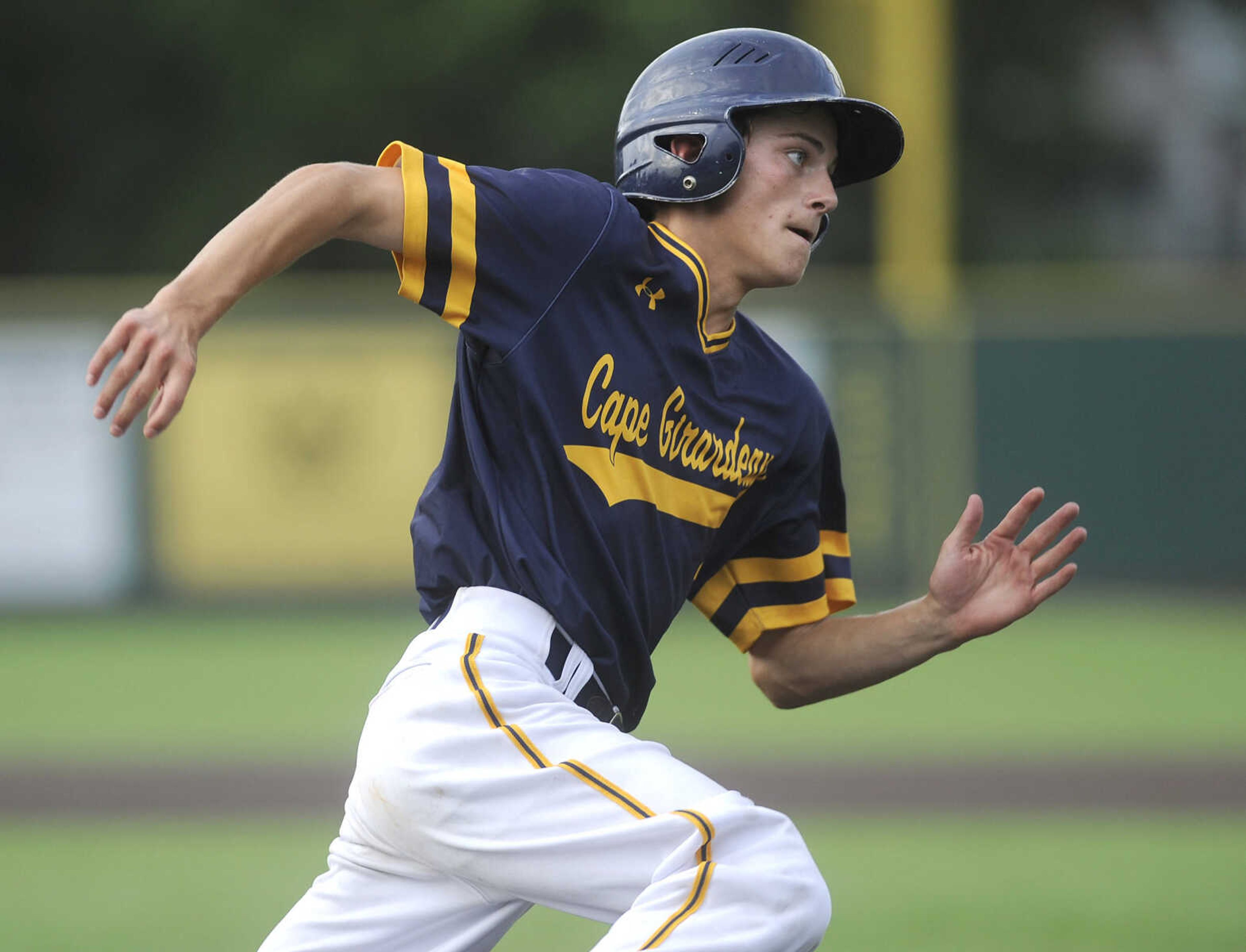 FRED LYNCH ~ flynch@semissourian.com
Cape Girardeau Post 63's Brenden Wilkens heads for third base on a hit by Cooper Crosnoe against Sikeston during the second inning of the first game Wednesday, June 20, 2018 at Capaha Field.