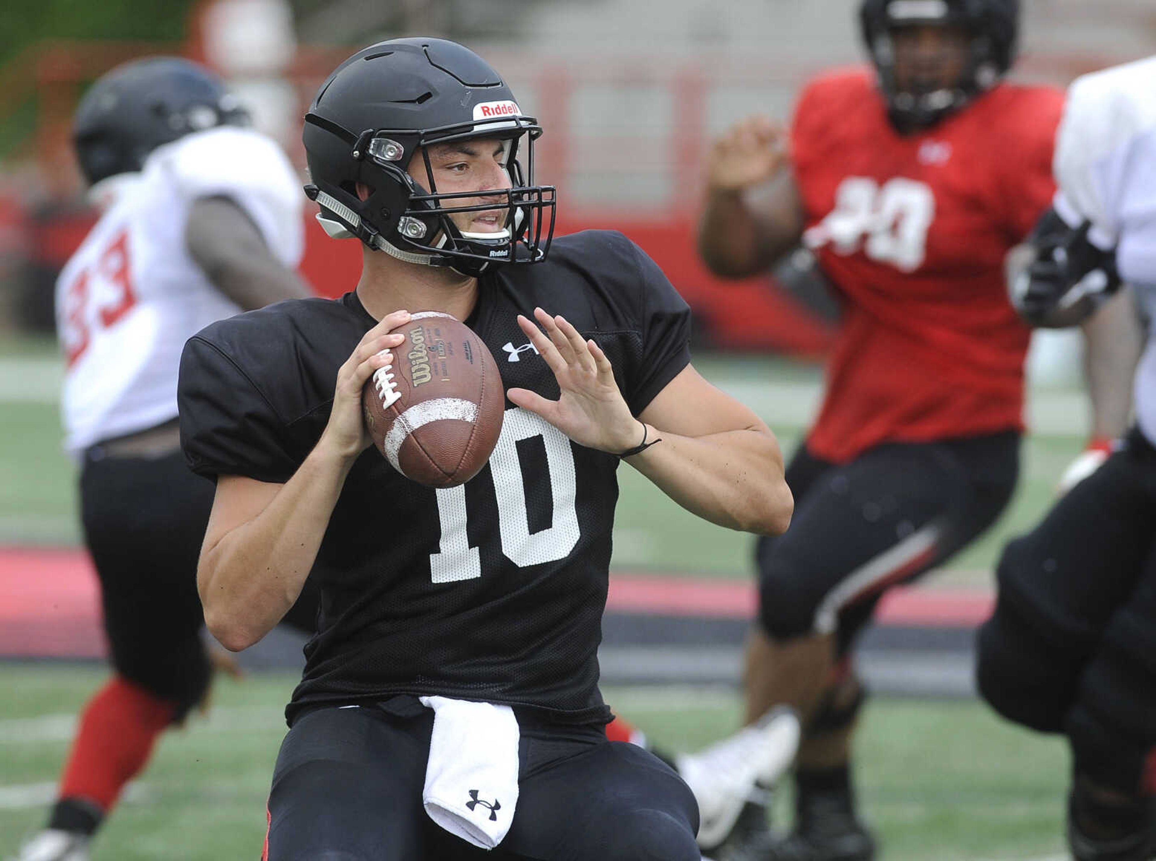 FRED LYNCH ~ flynch@semissourian.com
Southeast Missouri State quarterback Daniel Santacaterina looks to pass during the last preseason scrimmage Saturday, Aug. 18, 2018 at Houck Field.