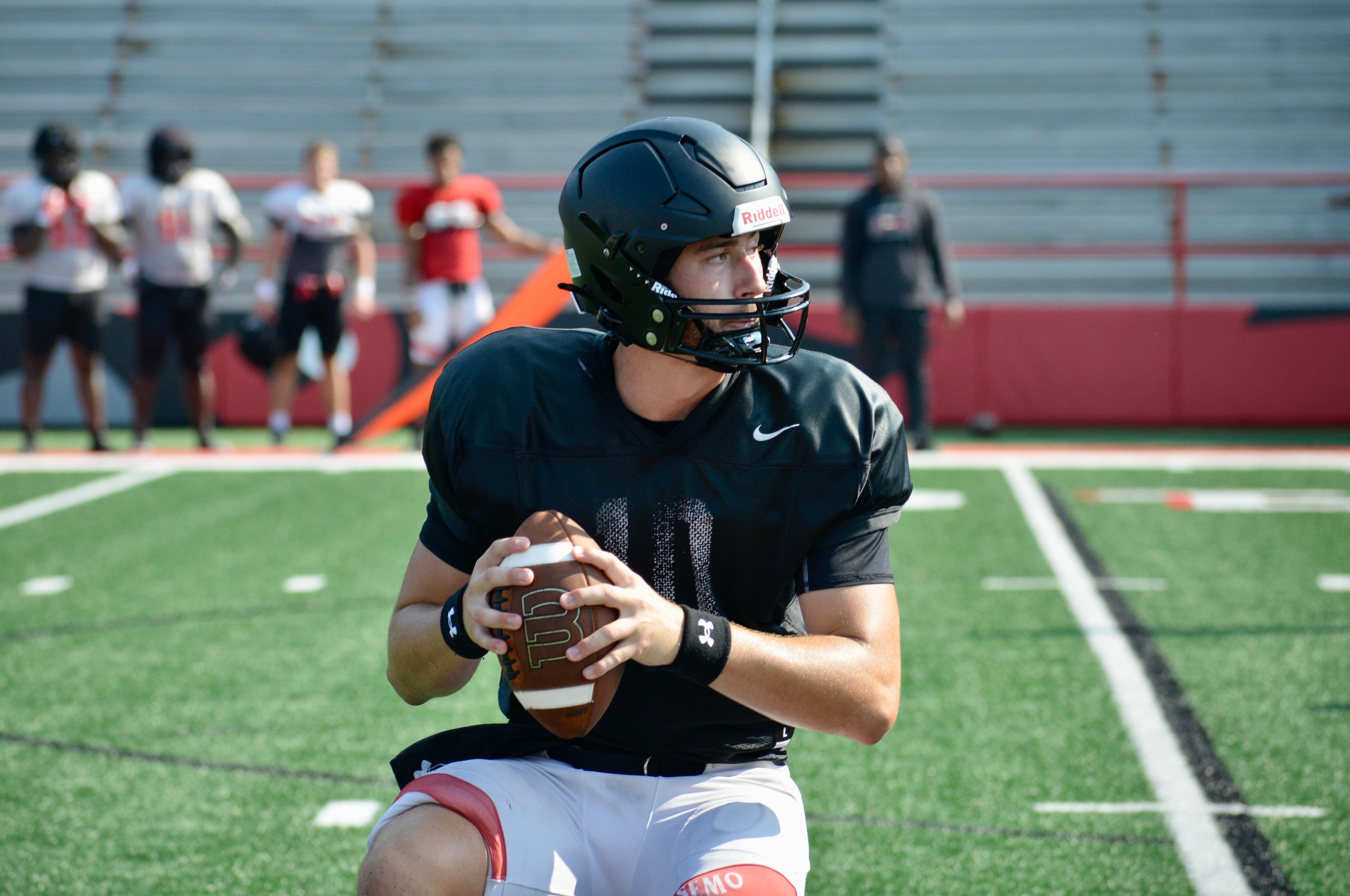 Southeast Missouri State quarterback Paxton DeLaurent gets set to pass during a recent scrimmage at Houck Field 