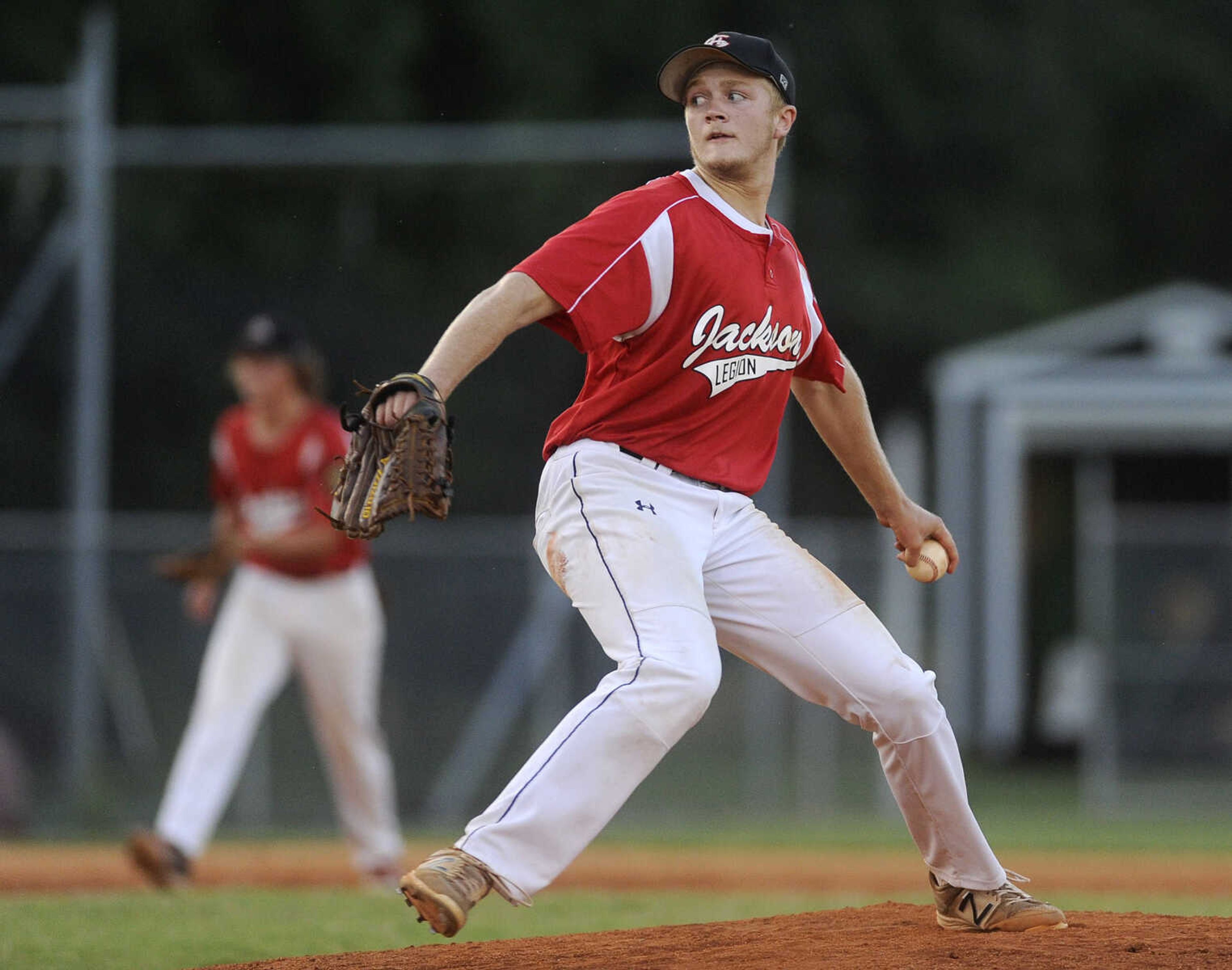 FRED LYNCH ~ flynch@semissourian.com
Jackson Post 158 starter Tyler Martin pitches to a Cape Girardeau Post 63 batter during the third inning of a semifinal in the Senior Legion District Tournament Friday, July 13, 2018 in Sikeston, Missouri.