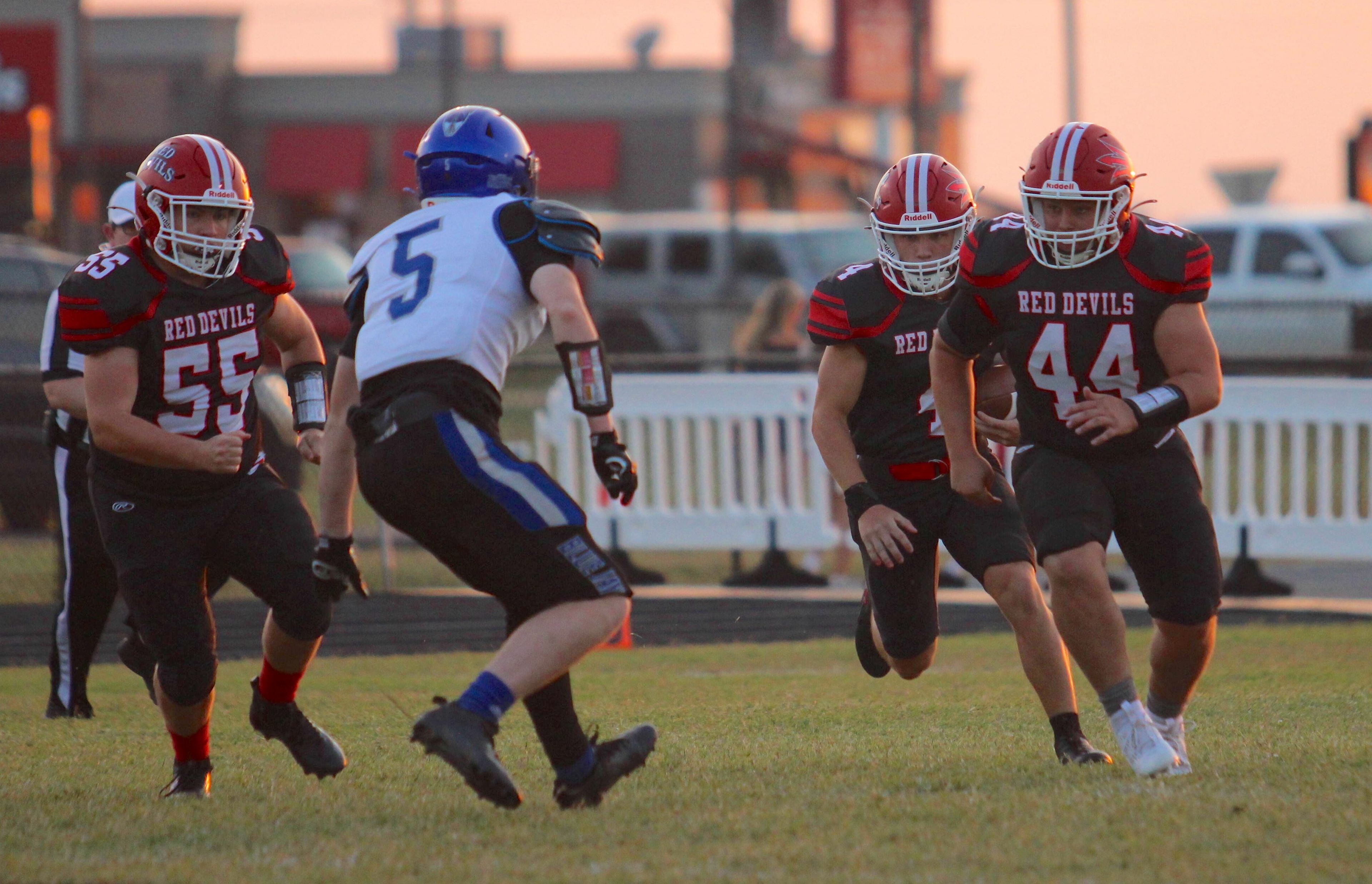 Chaffee's Logan Horton runs behind blockers during the Friday, September 6, 2024 game between the Charleston Blue Jays and the Chaffee Red Devils at Chaffee High School in Chaffee, Mo. Charleston defeated Chaffee 38-0. 