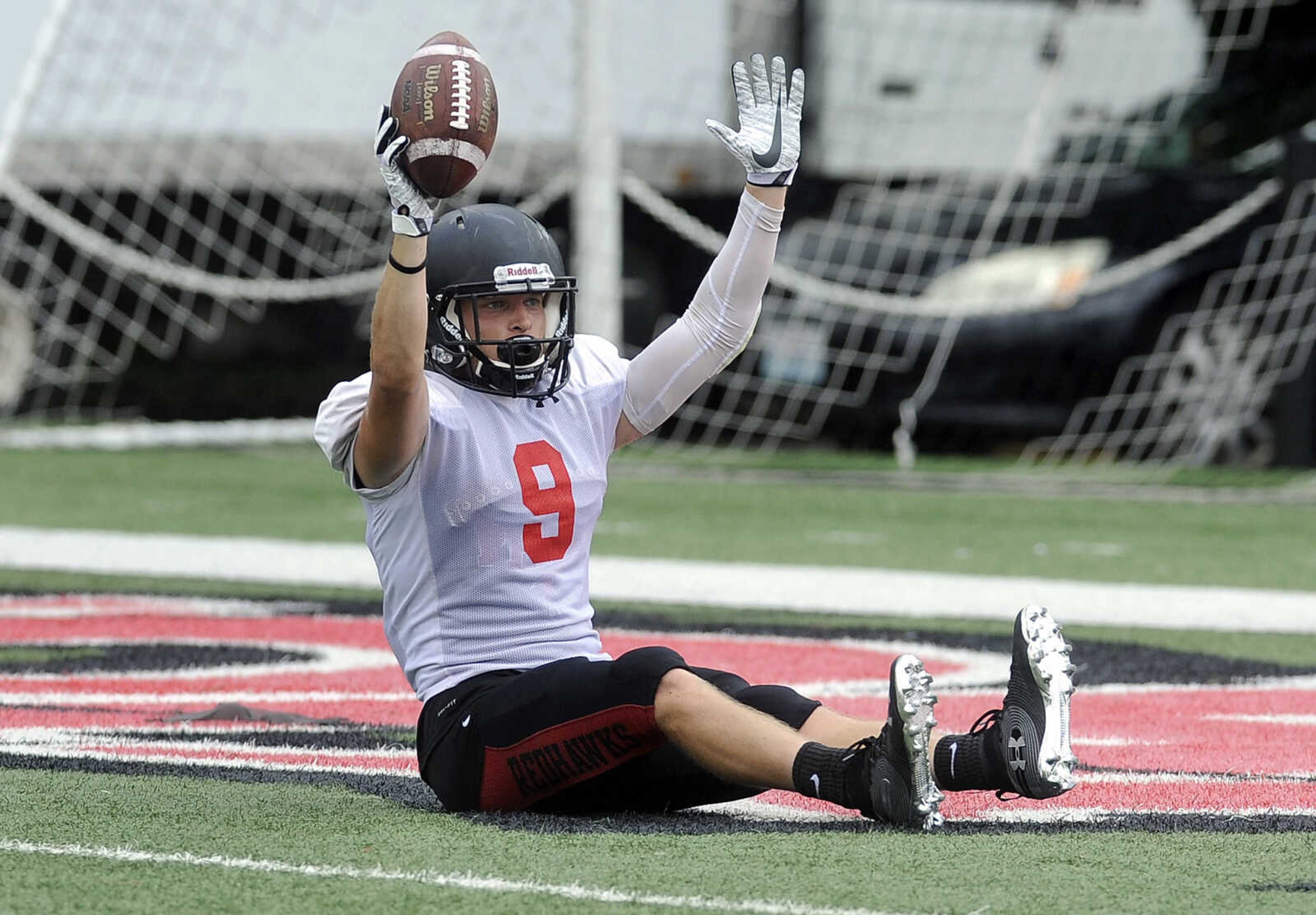 FRED LYNCH ~ flynch@semissourian.com
Southeast Missouri State wide receiver Zack Smith pauses after catching a touchdown pass during the last preseason scrimmage Saturday, Aug. 18, 2018 at Houck Field.