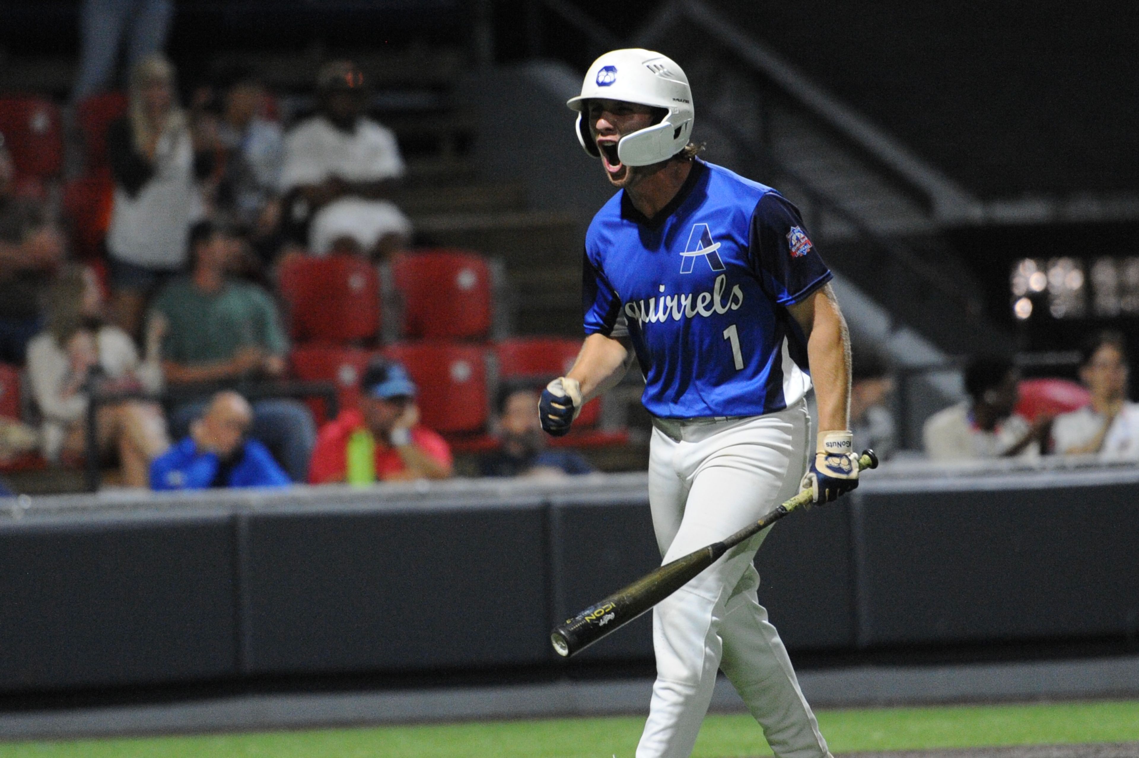 Aycorp's Owen Osborne celebrates scoring during a Saturday, August 10, 2024 Babe Ruth World Series game between the Aycorp Fighting Squirrels and Manassas, Virginia, at Capaha Field in Cape Girardeau, Mo. Aycorp defeated Manassas, 3-1.