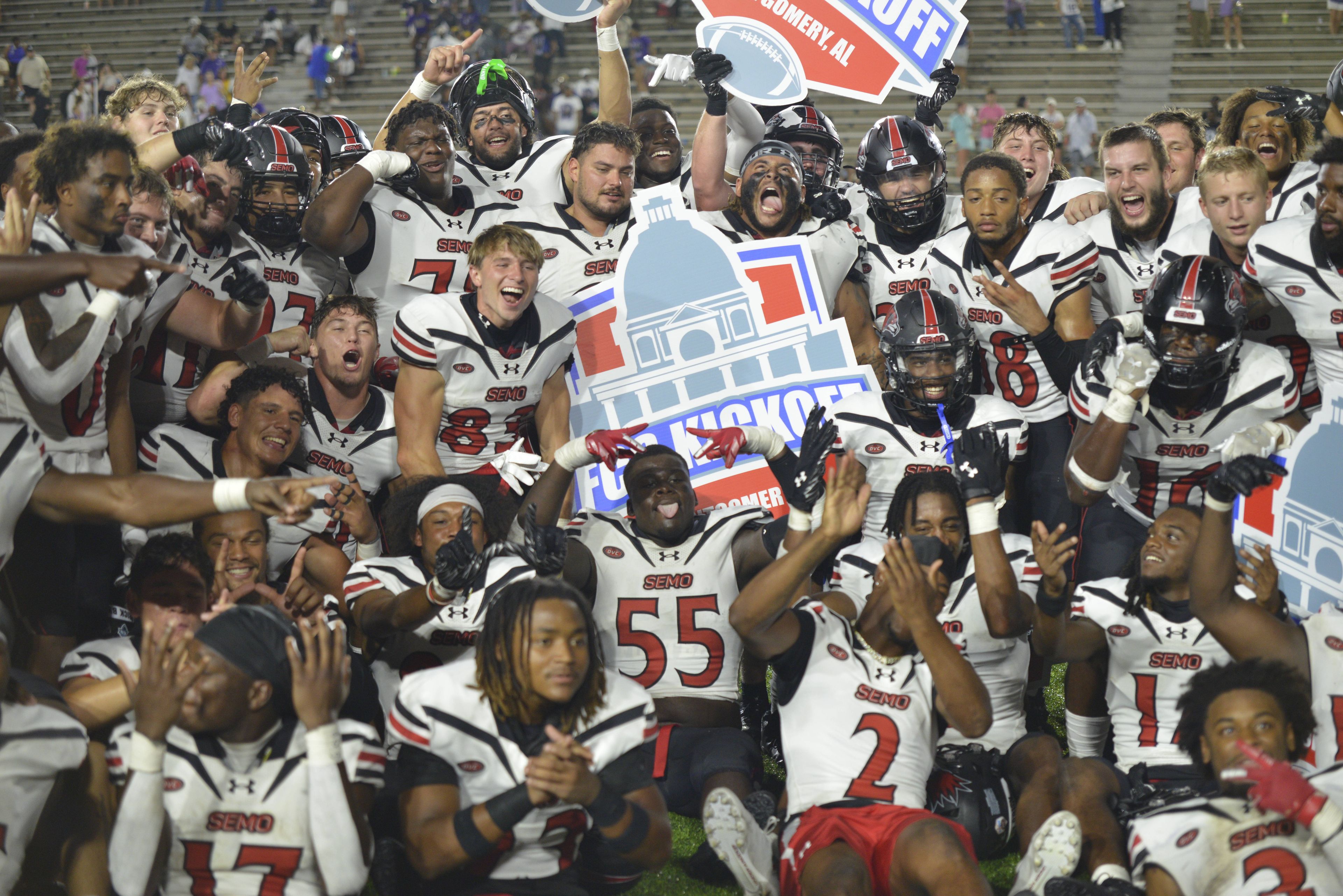 Southeast Missouri State players celebrate winning the FCS Kickoff against North Alabama on Saturday, Aug. 24, in Montgomery, Alabama. 