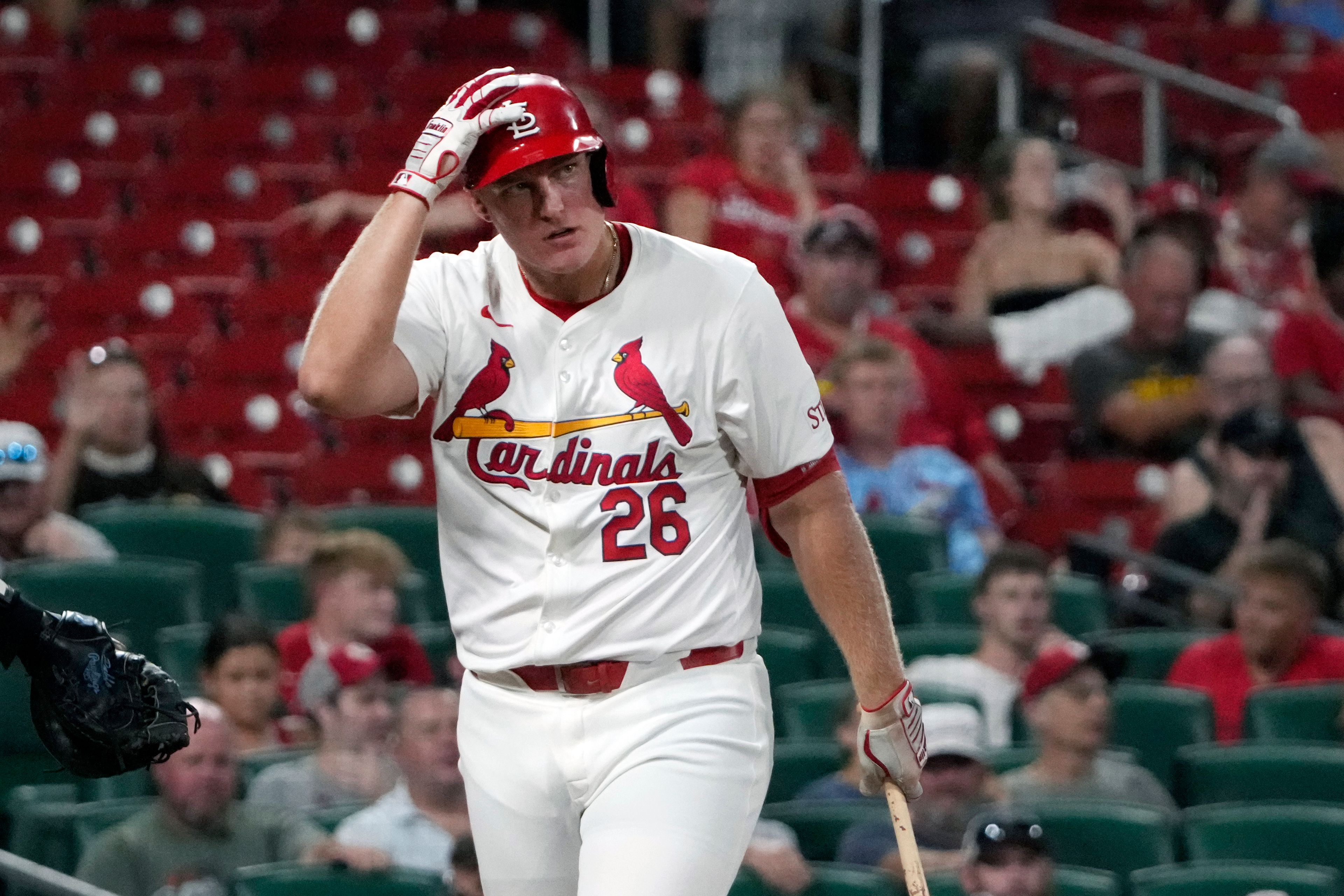 St. Louis Cardinals' Luken Baker reacts after striking out to end the eighth inning of a baseball game against the San Diego Padres Tuesday, Aug. 27, 2024, in St. Louis. (AP Photo/Jeff Roberson)