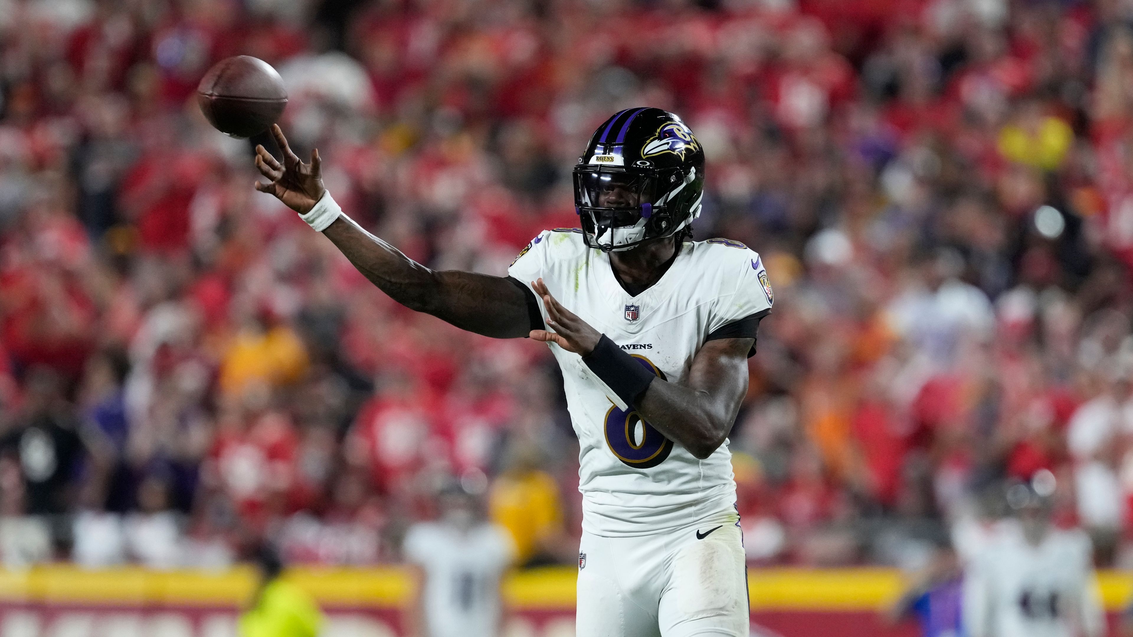 Baltimore Ravens quarterback Lamar Jackson throws during the first half of an NFL football game against the Kansas City Chiefs Thursday, Sept. 5, 2024, in Kansas City, Mo. (AP Photo/Ed Zurga)