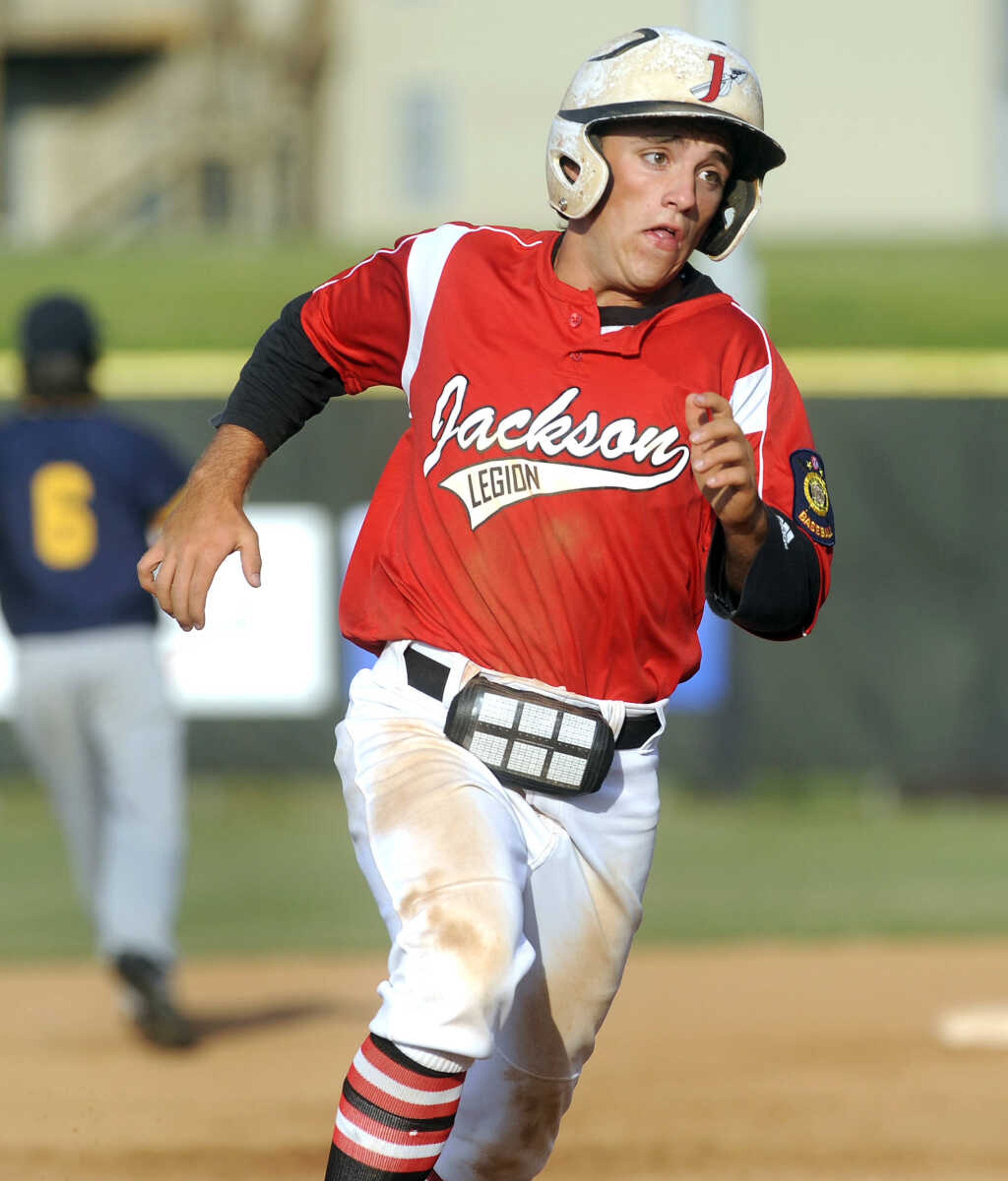 FRED LYNCH ~ flynch@semissourian.com
Jackson Senior Legion's Bryce Vincent heads for home to score against Cape Girardeau Post 63 during the second inning Thursday, June 7, 2018 in Jackson.