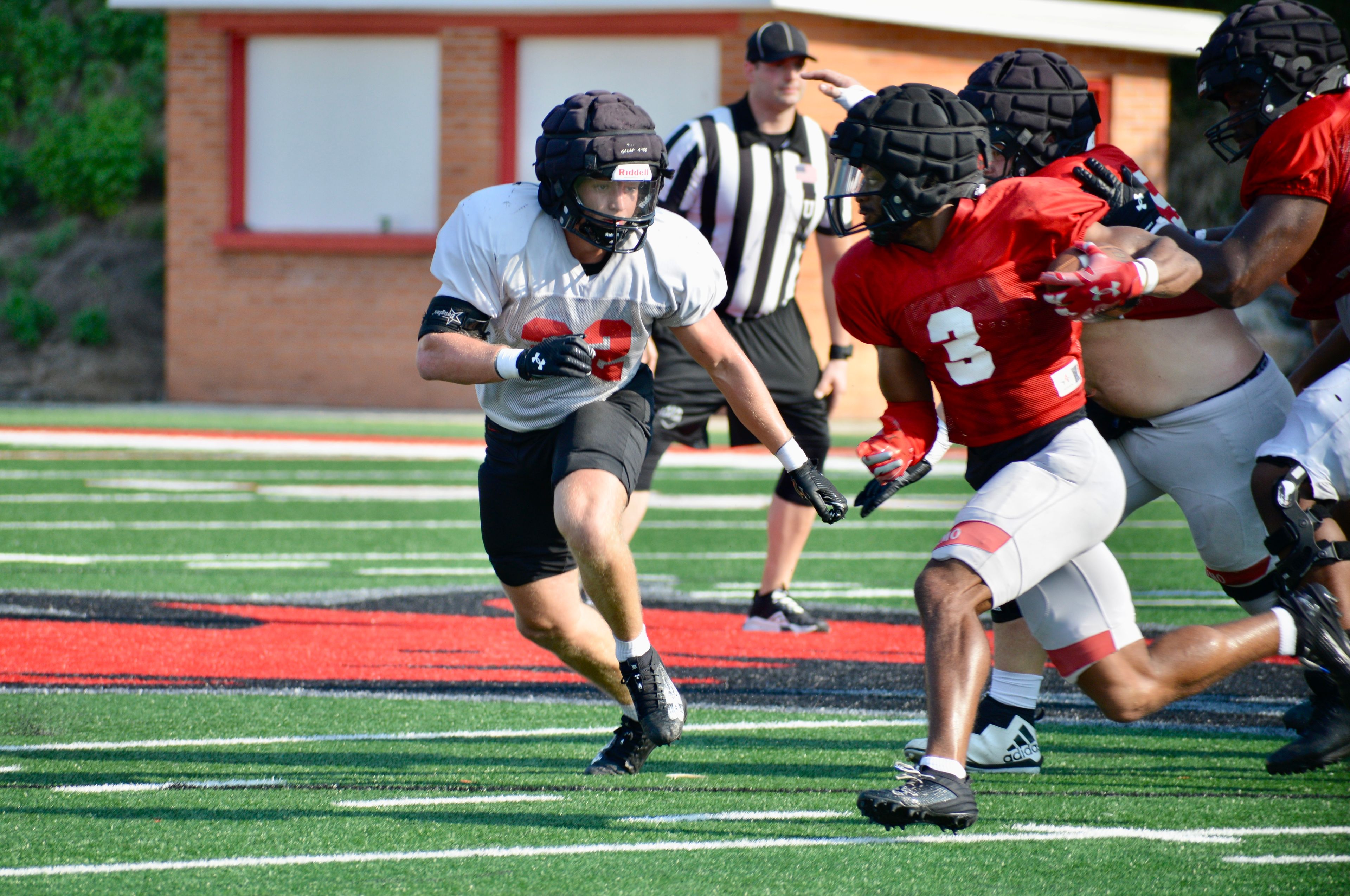 Southeast Missouri State linebacker Bryce Norman pursues the running back during a recent scrimmage at Houck Field. 