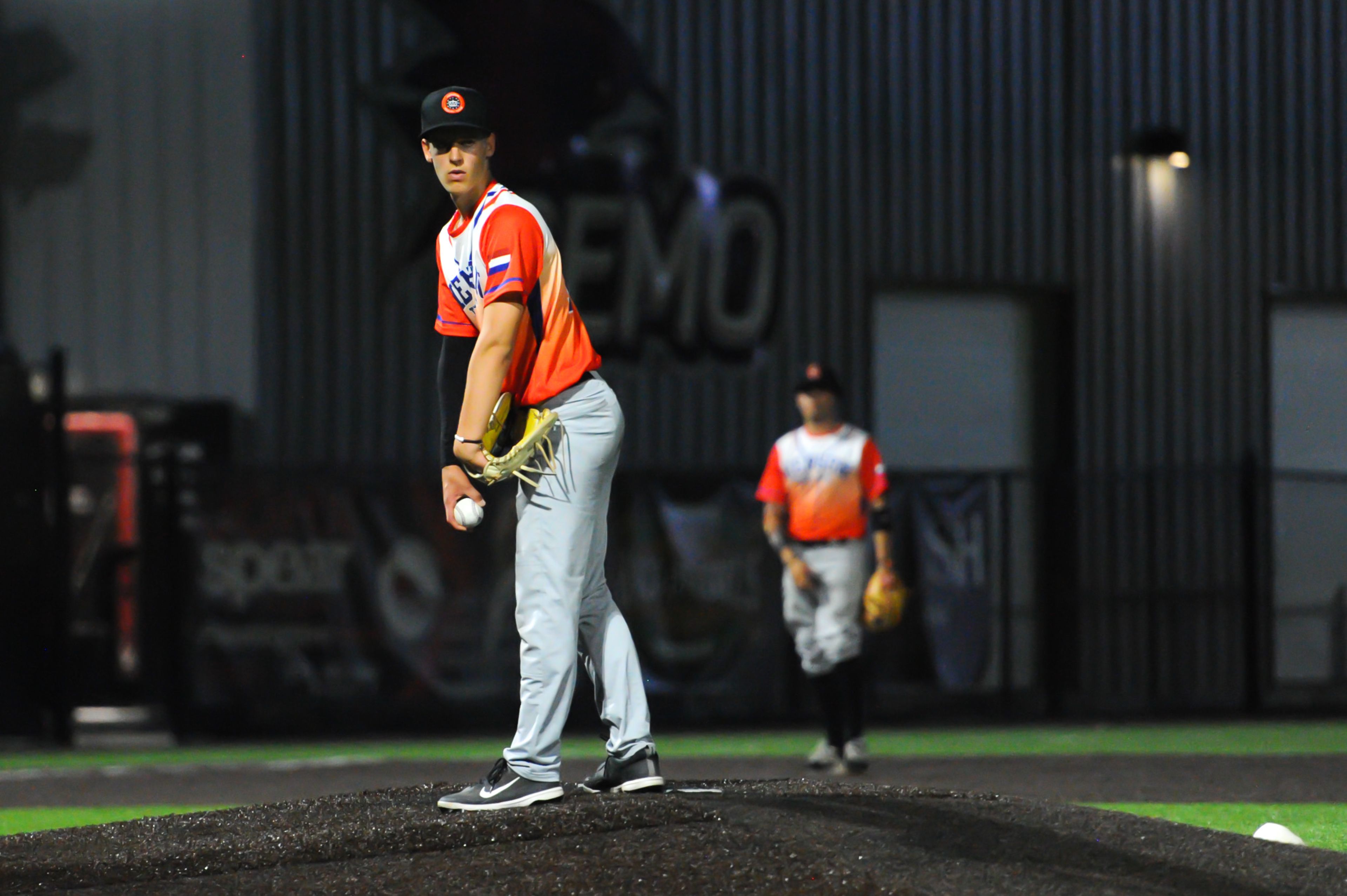 Netherlands' Floris Heartjes eyes the runner on first during a Tuesday, August 13, 2024 Babe Ruth World Series game between the Aycorp Fighting Squirrels and Holland Henson of the Netherlands at Capaha Field in Cape Girardeau, Mo. Aycorp defeated the Netherlands, 12-2 in five innings.