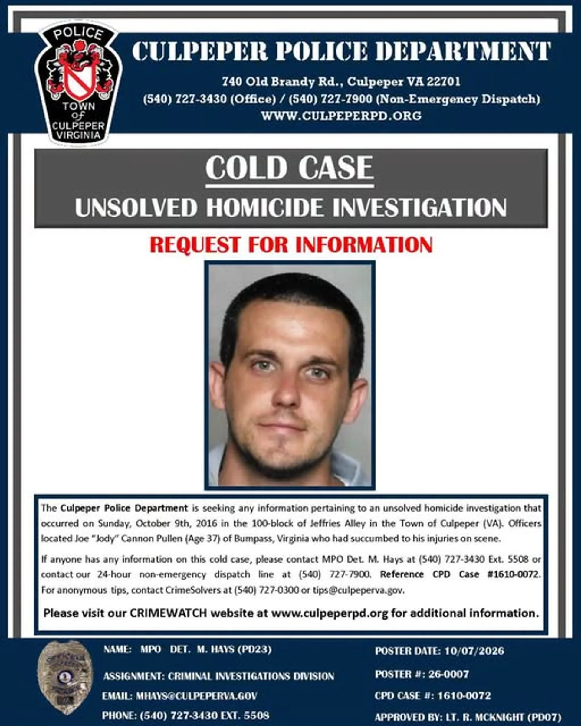 Culpeper Police renew call for information on 10th anniversary of Jody Pullen homicide