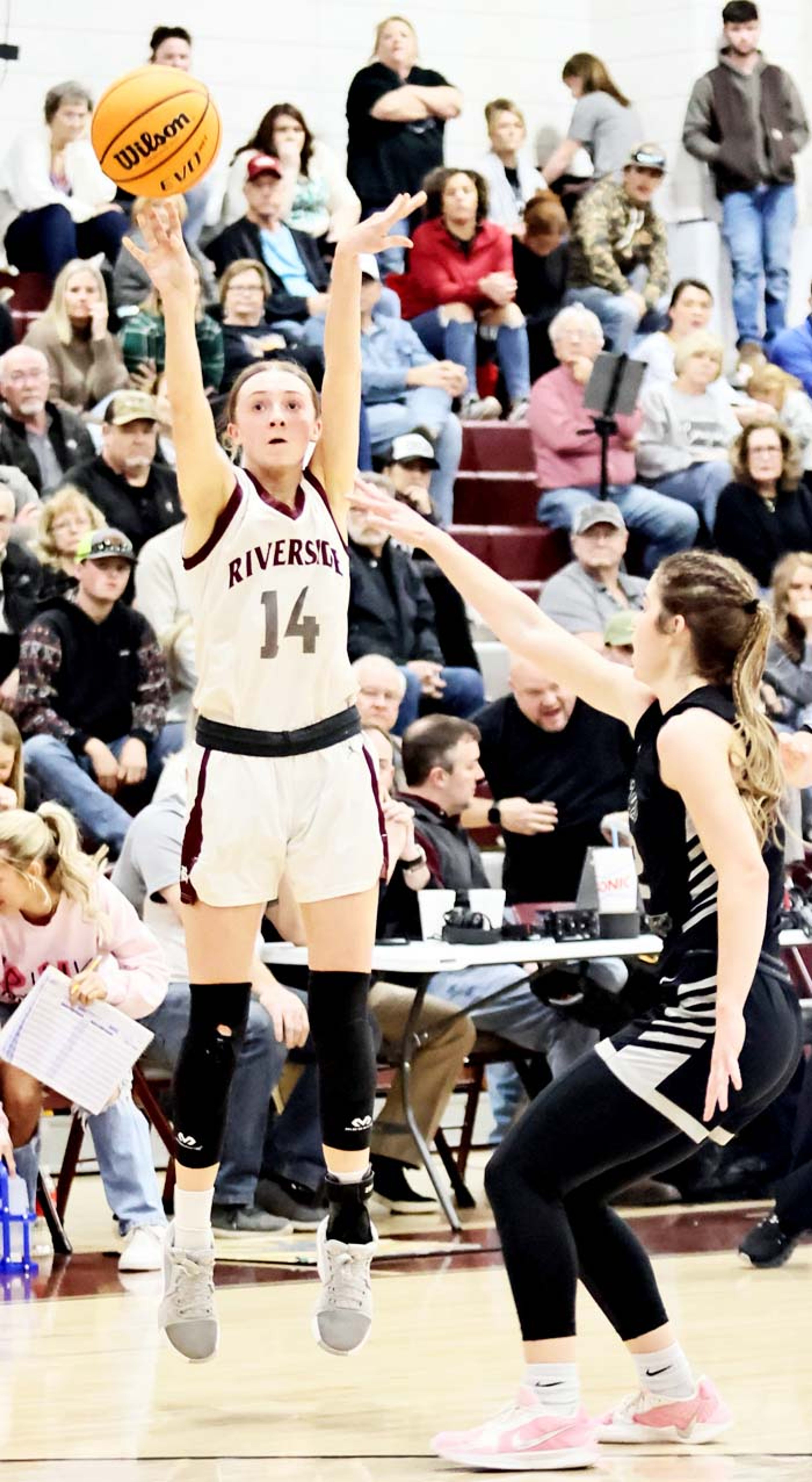 Riverside’s Ryley Eakins shoots a three-pointer during the Lady Rebels game with ICC in the 2A North Regional Tournament in Lake City. (Photos by Cosmo Cossey)