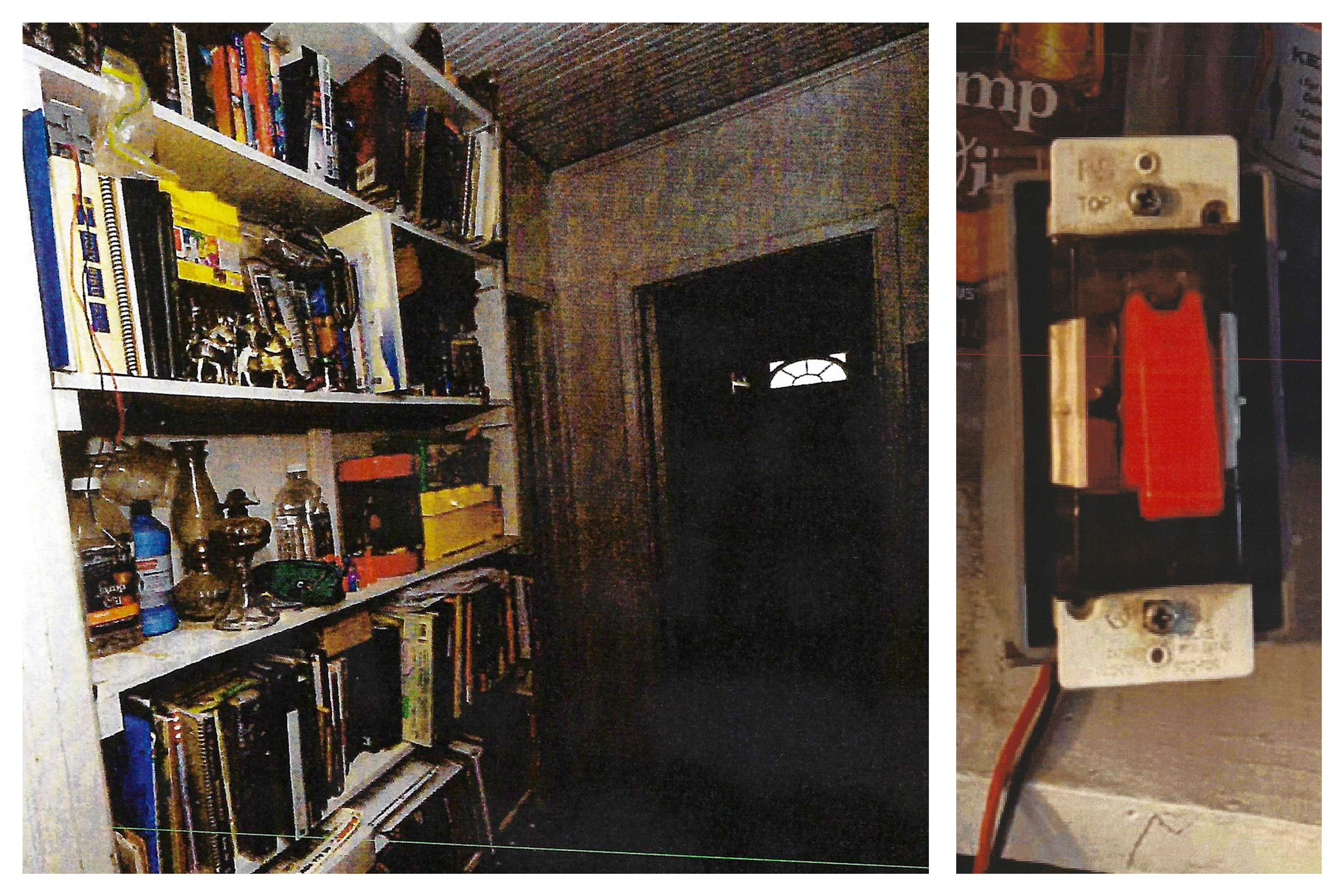 This combination of images used as evidence shows a bookcase, left, in Chris Arthur's home which federal prosecutors say housed a trigger, right, for a front porch bomb in Mount Olive, N.C. (U.S. District Court for the Eastern District of North Carolina via AP)