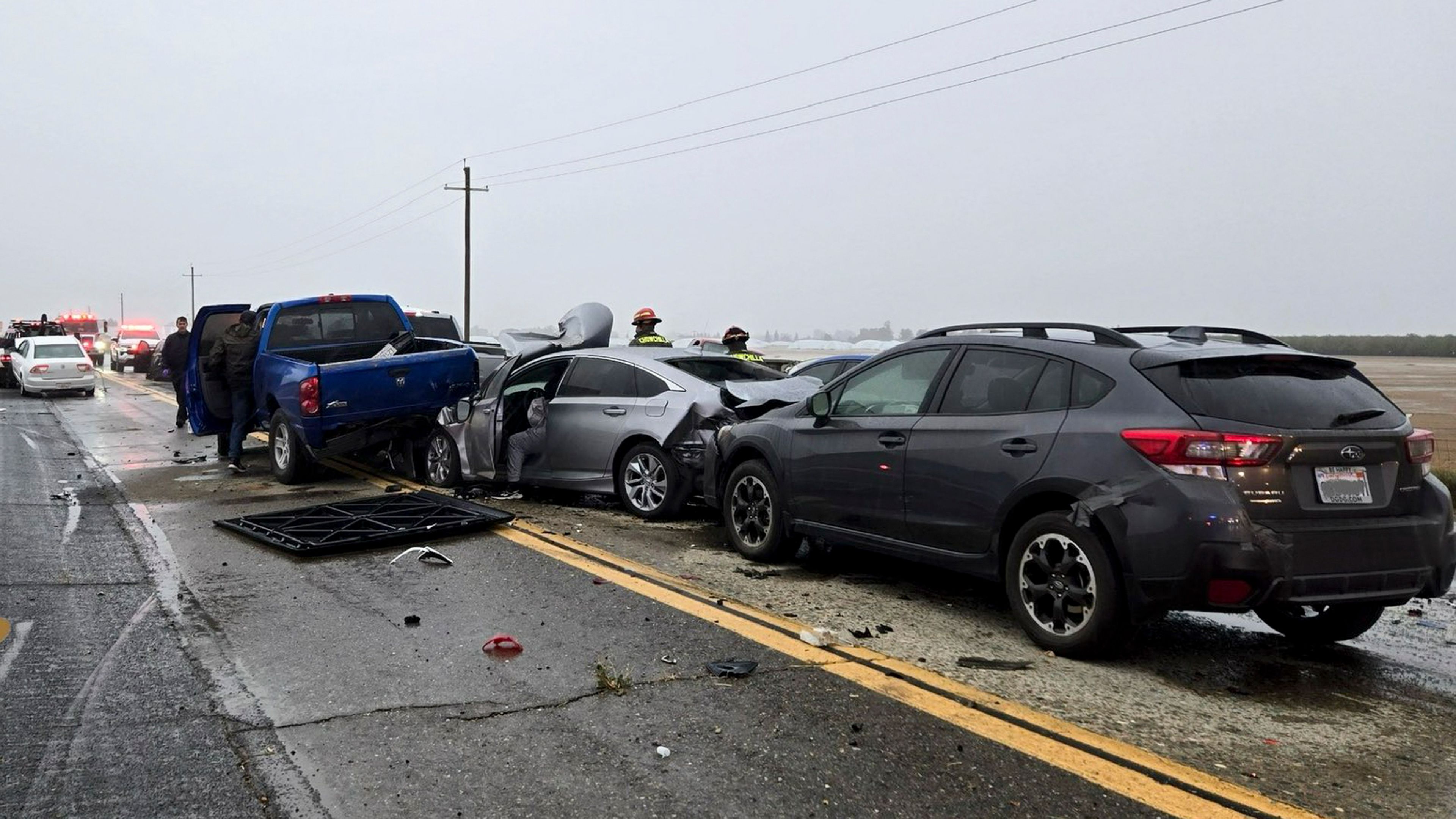 This photograph, provided by CHP Madera, shows a pileup caused by an accident during a dust storm, Monday, Nov. 11, 2024 outside of Chowchilla, Calif. (CHP Madera via AP)