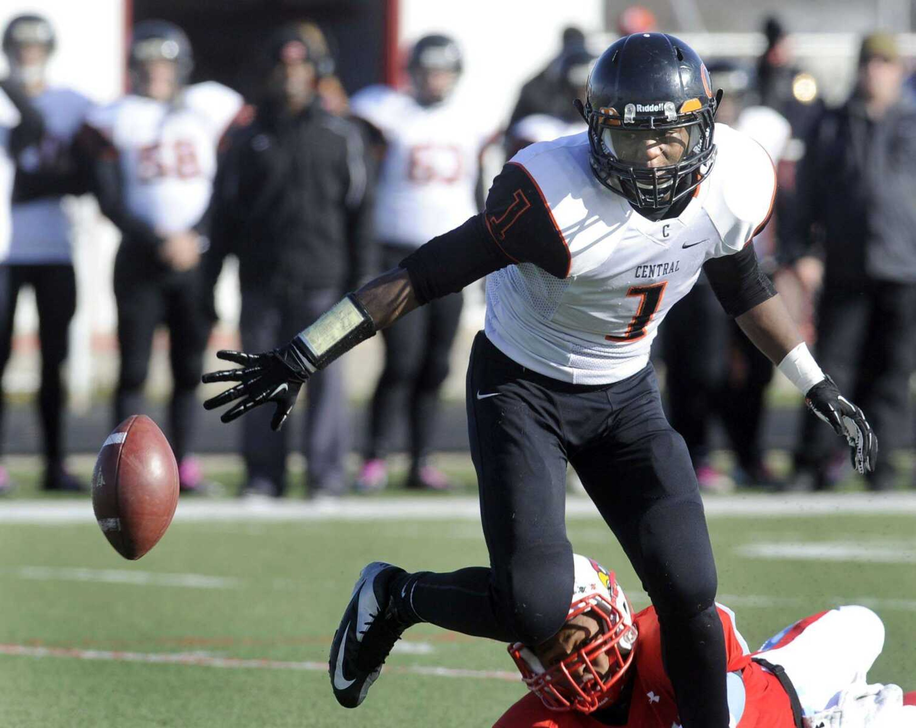 A pass to Central&#8217;s Al Young is incomplete during the first quarter of the Class 4 semifinal against Webb City on Saturday in Webb City, Mo. Central lost 46-0. (Fred Lynch)