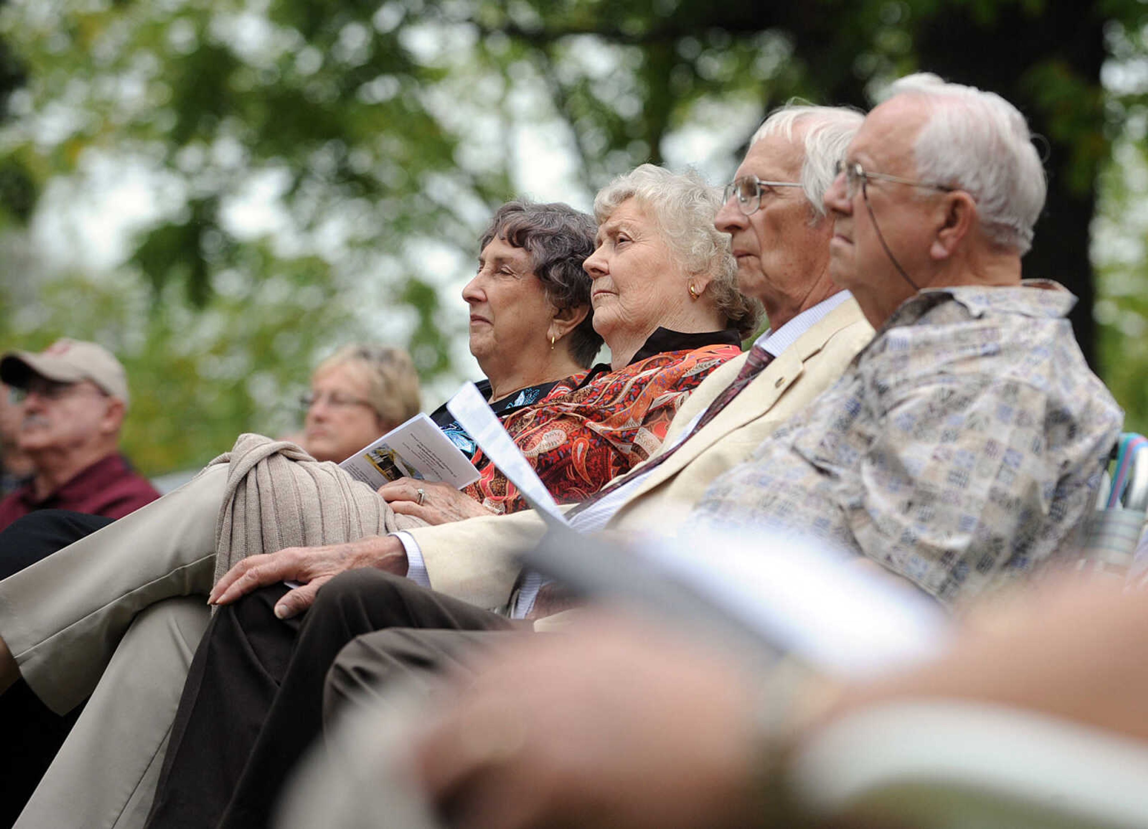 LAURA SIMON ~ lsimon@semissourian.com
People listen as Rev. Michael Schriener of Morning Star Church gives his message to around 100 people Sunday, Sept. 30, 2012 during the annual pilgrimage worship gathering at Old McKendree Chapel in Jackson, Mo. The chapel was built in 1819 and is known as the oldest Protestant church standing west of the Mississippi River.