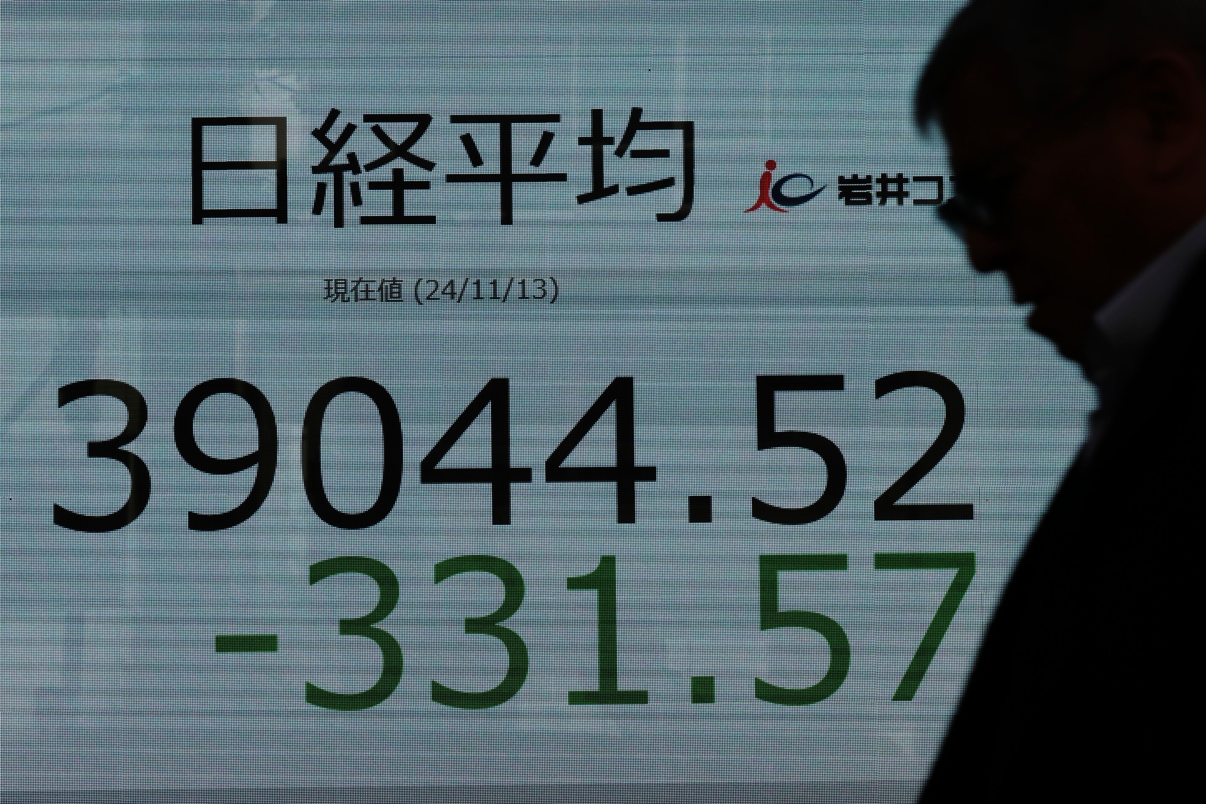 A person walks in front of an electronic stock board showing Japan's Nikkei index at a securities firm Wednesday, Nov. 13, 2024, in Tokyo. (AP Photo/Eugene Hoshiko)