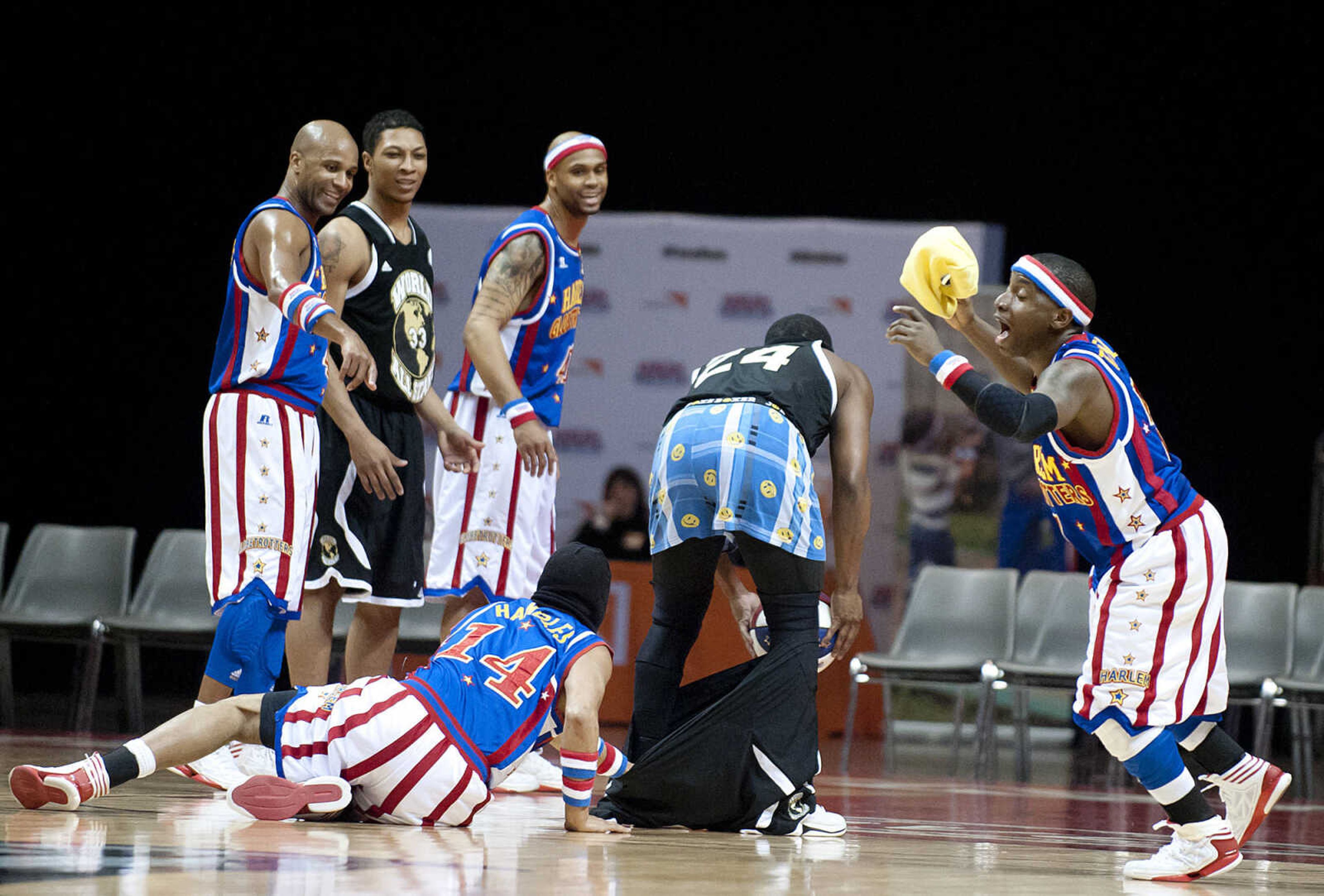 Handles and Too Tall pantsed a member of the World All-Stars during the Original Harlem Globetrotters' performance Monday, Jan. 13, at the Show Me Center.