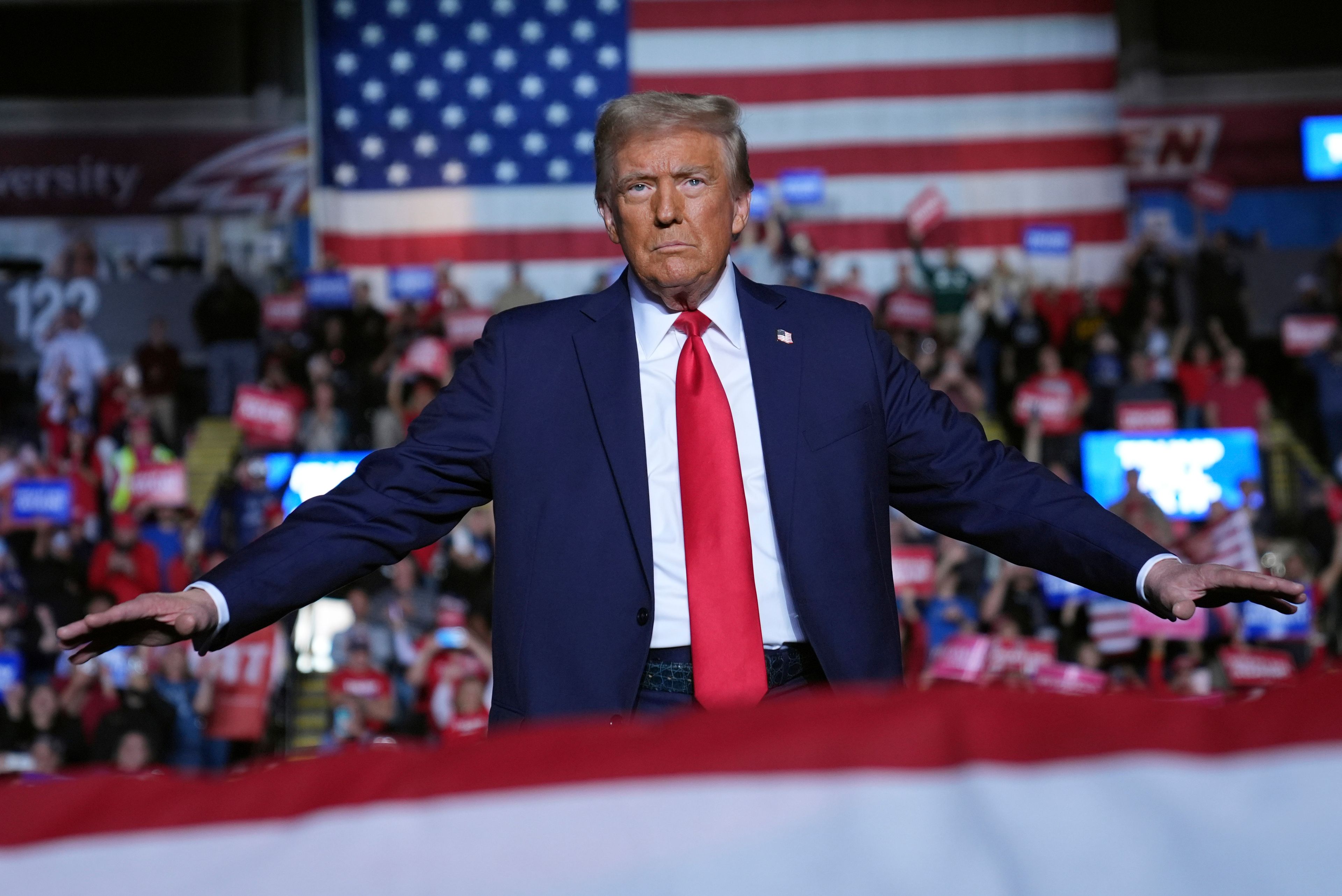 Republican presidential nominee former President Donald Trump arrives at a campaign rally at Santander Arena, Monday, Nov. 4, 2024, in Reading, Pa. (AP Photo/Evan Vucci)