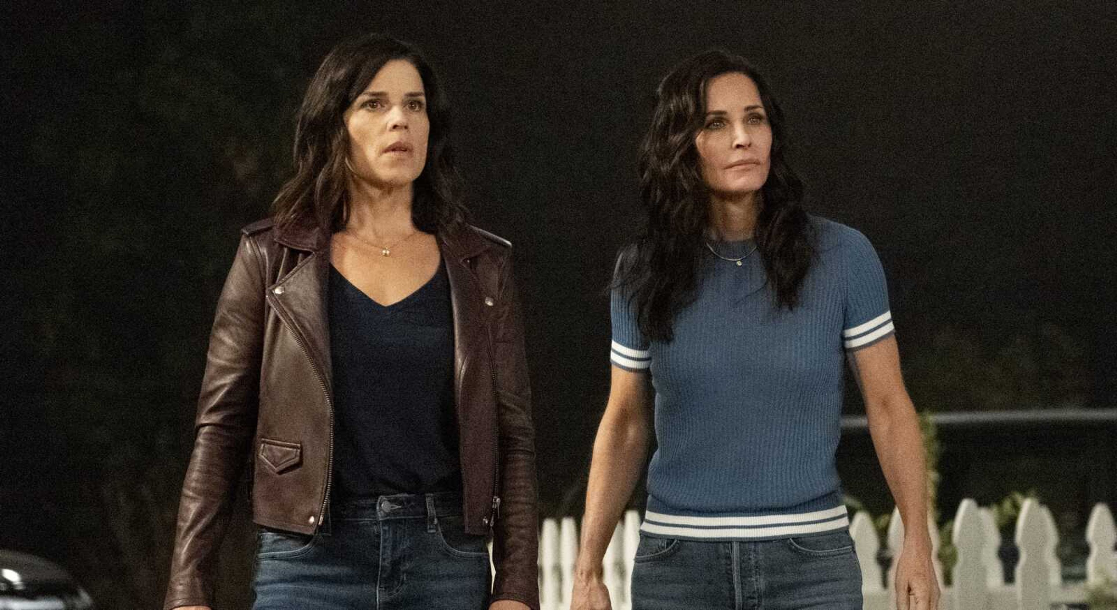 Neve Campbell, left, and Courteney Cox in a scene from "Scream."