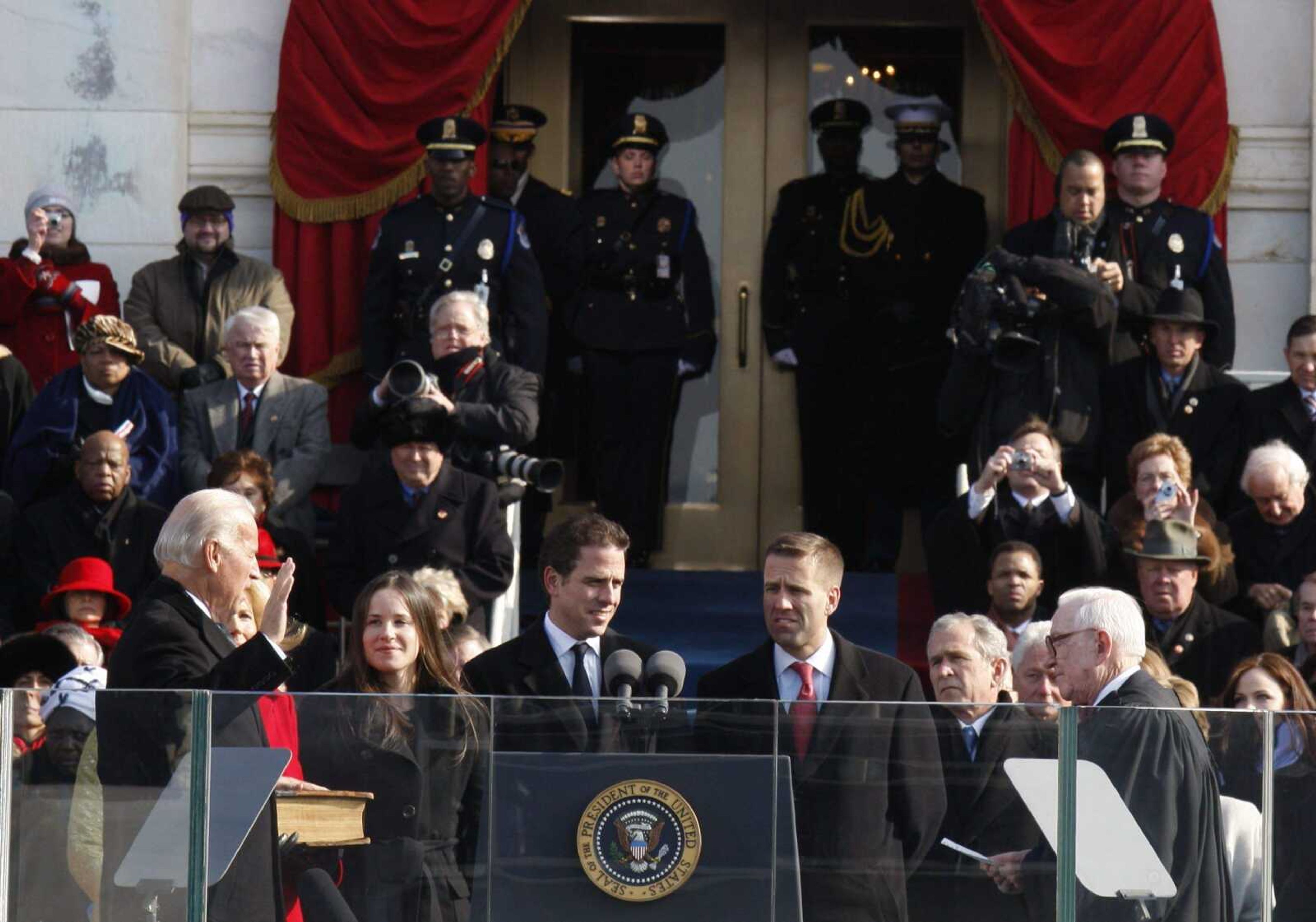 Joe Biden is sworn in as the Vice President of the United States by Justice John Paul Stevens Tuesday, Jan. 20, 2009, at the U.S. Capitol in Washington. (AP Photo/Scott Andrews, Pool)