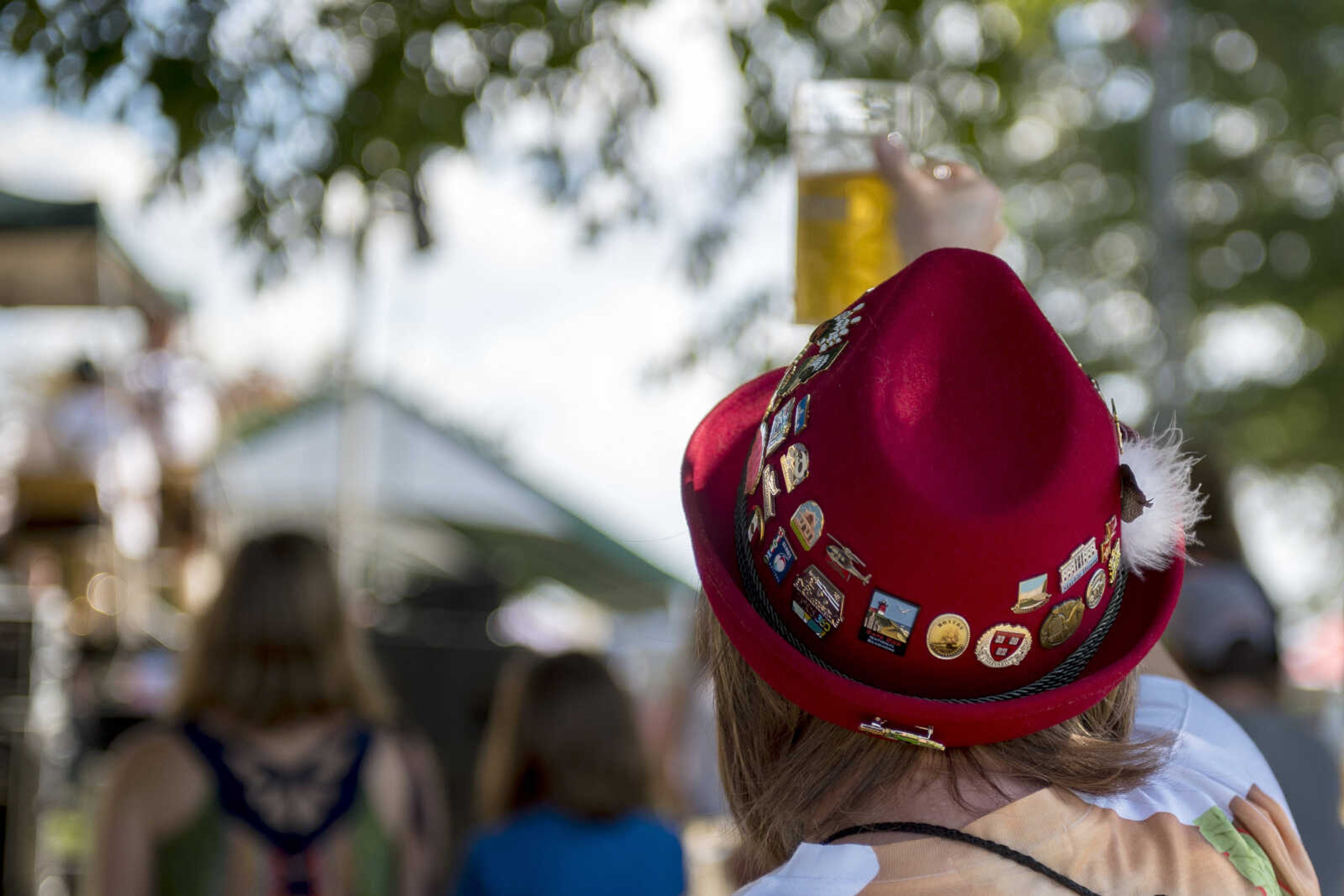 Pins are seen on an traditional German hat during Uptown Jackson Oktoberfest Saturday, Oct. 6, 2018.