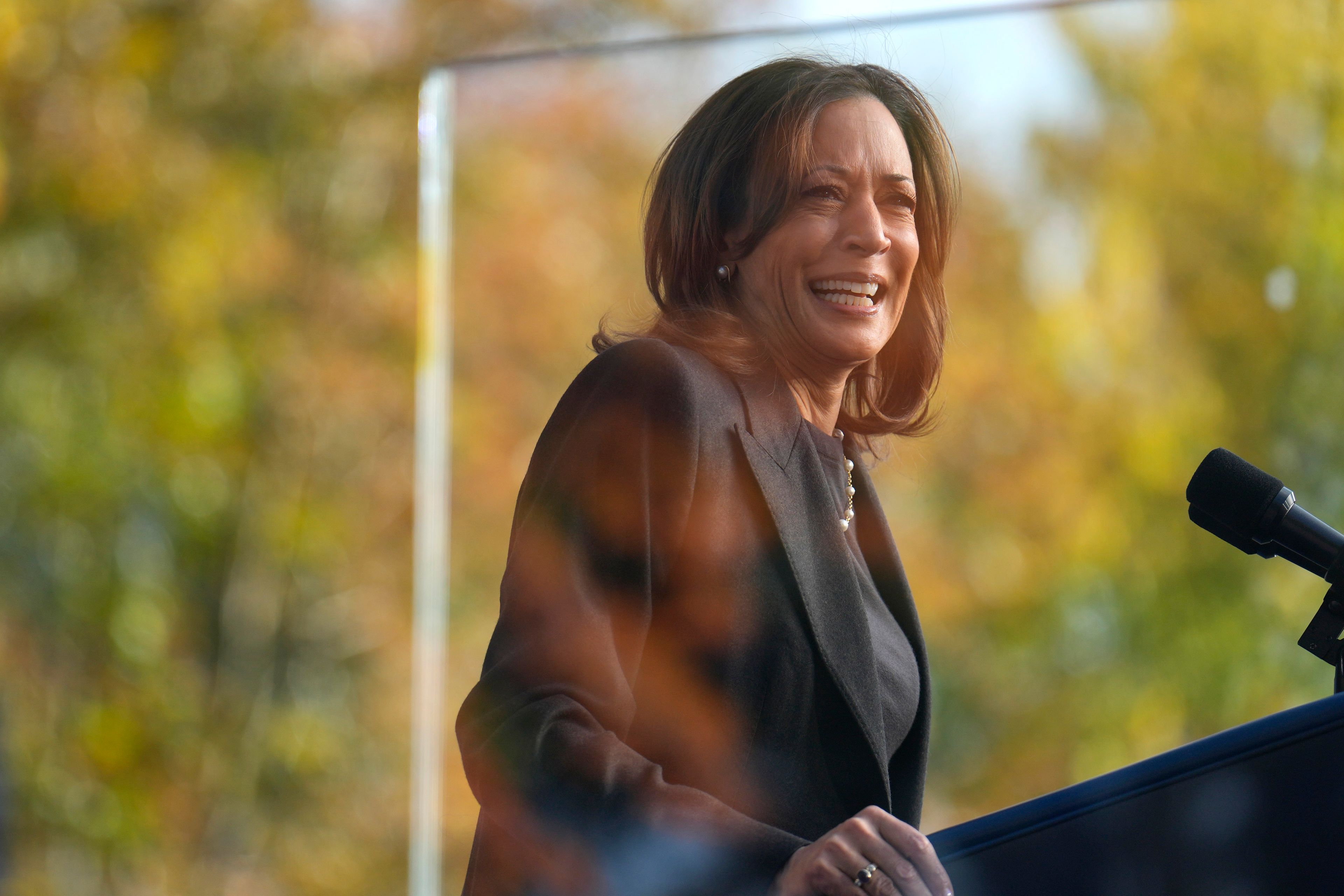 Democratic presidential nominee Vice President Kamala Harris speaks during a campaign event at Riverside Park in Grand Rapids, Mich., Friday, Oct. 18, 2024. (AP Photo/Jacquelyn Martin)