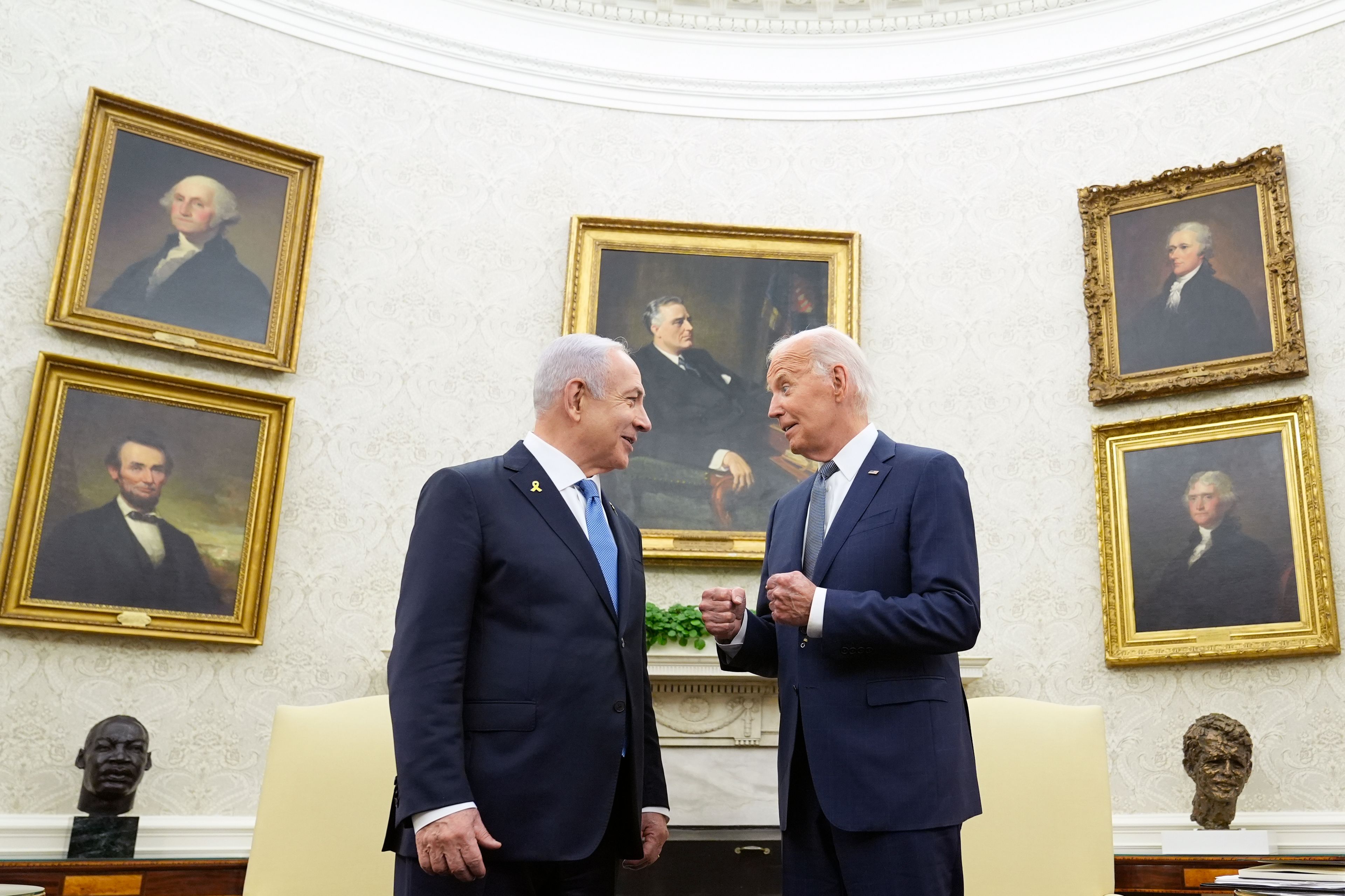 FILE - President Joe Biden, right, talks with Israeli Prime Minister Benjamin Netanyahu, left, in the Oval Office of the White House in Washington, July 25, 2024. U.S. officials say the Biden administration believes it has won assurances from Israel that it will not strike Iranian nuclear or oil sites as it looks to strike back following Iran’s missile barrage earlier this month. The officials, who spoke on condition of anonymity to discuss private diplomatic discussions, cautioned that the pledge is not iron-clad and that circumstances could change. (AP Photo/Susan Walsh, File)