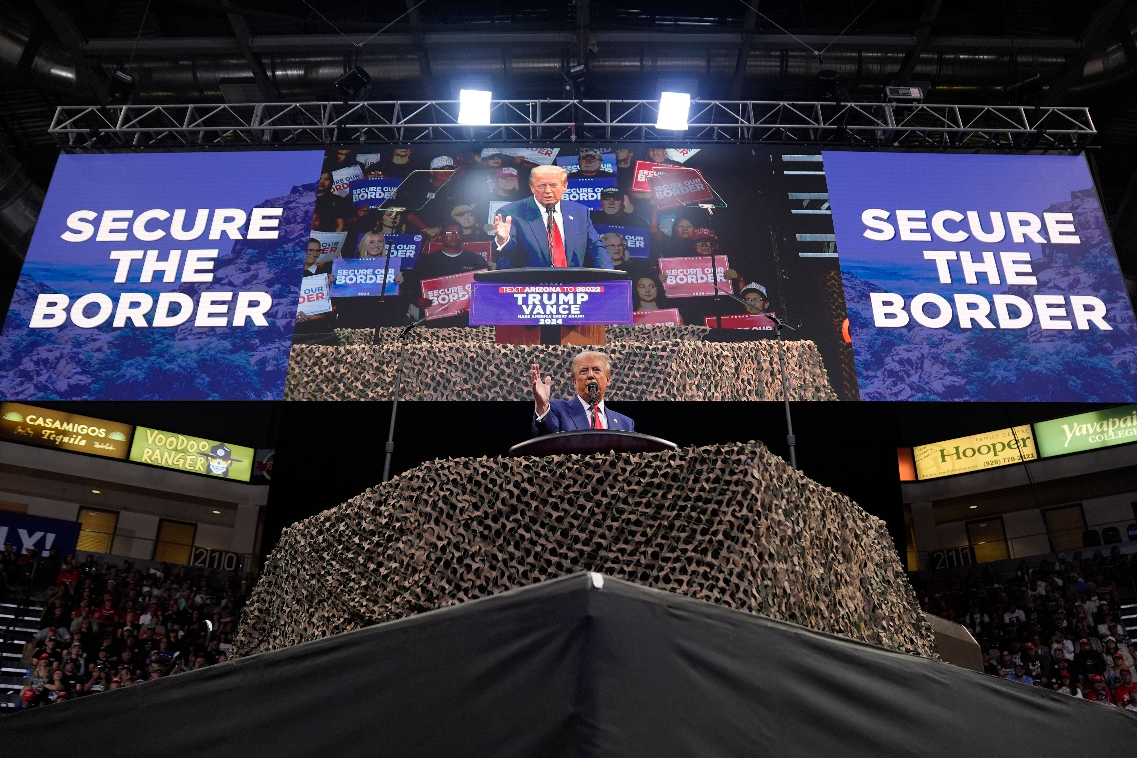 Republican presidential nominee former President Donald Trump speaks at a campaign rally at the Findlay Toyota Arena Sunday, Oct. 13, 2024, in Prescott Valley, Ariz. (AP Photo/Evan Vucci)