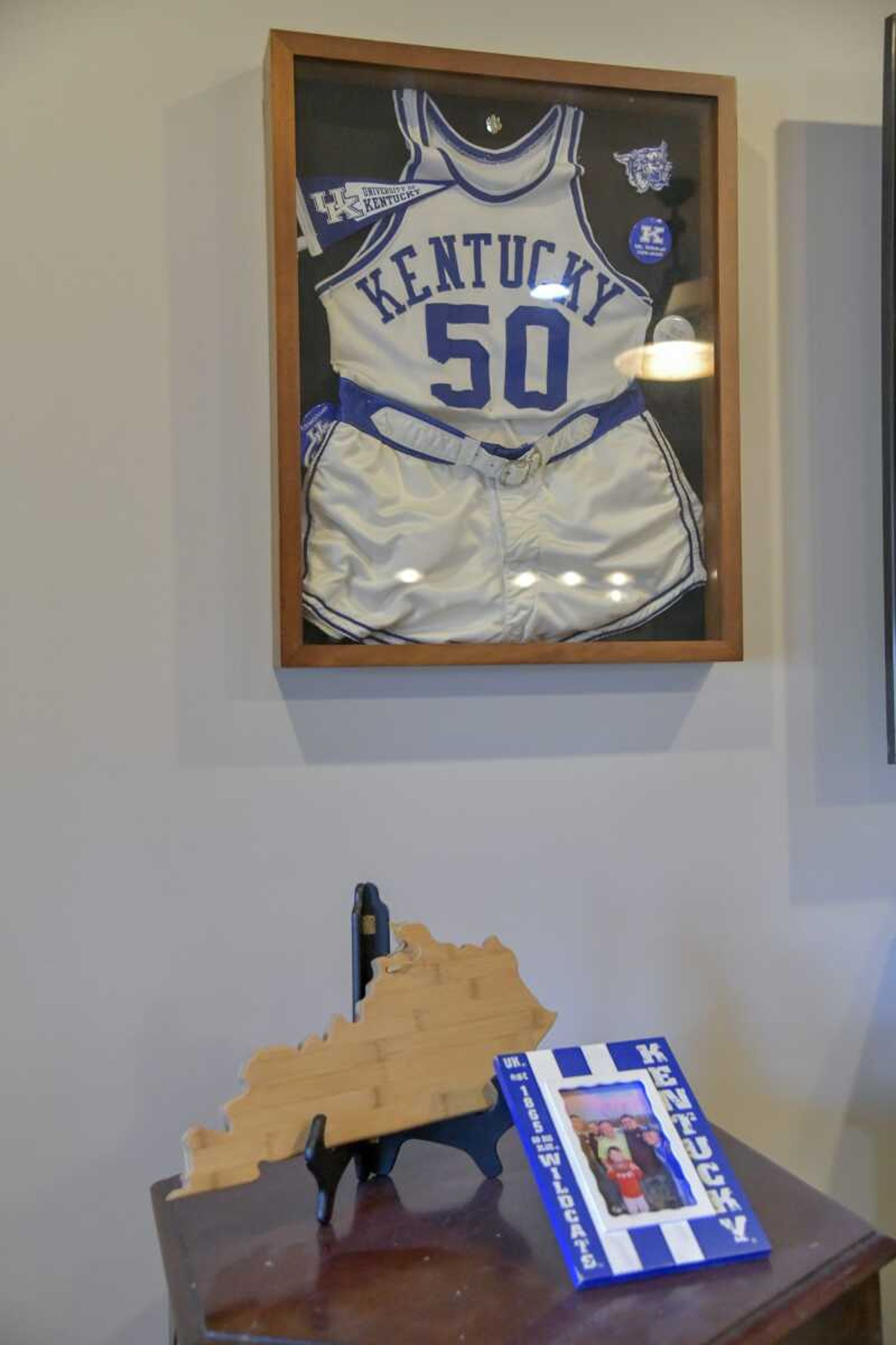 University of Kentucky basketball 1966 uniform, one of Mark Ruark's favorite pieces in the cave, is on display at the home of Ruark in Cape Girardeau.