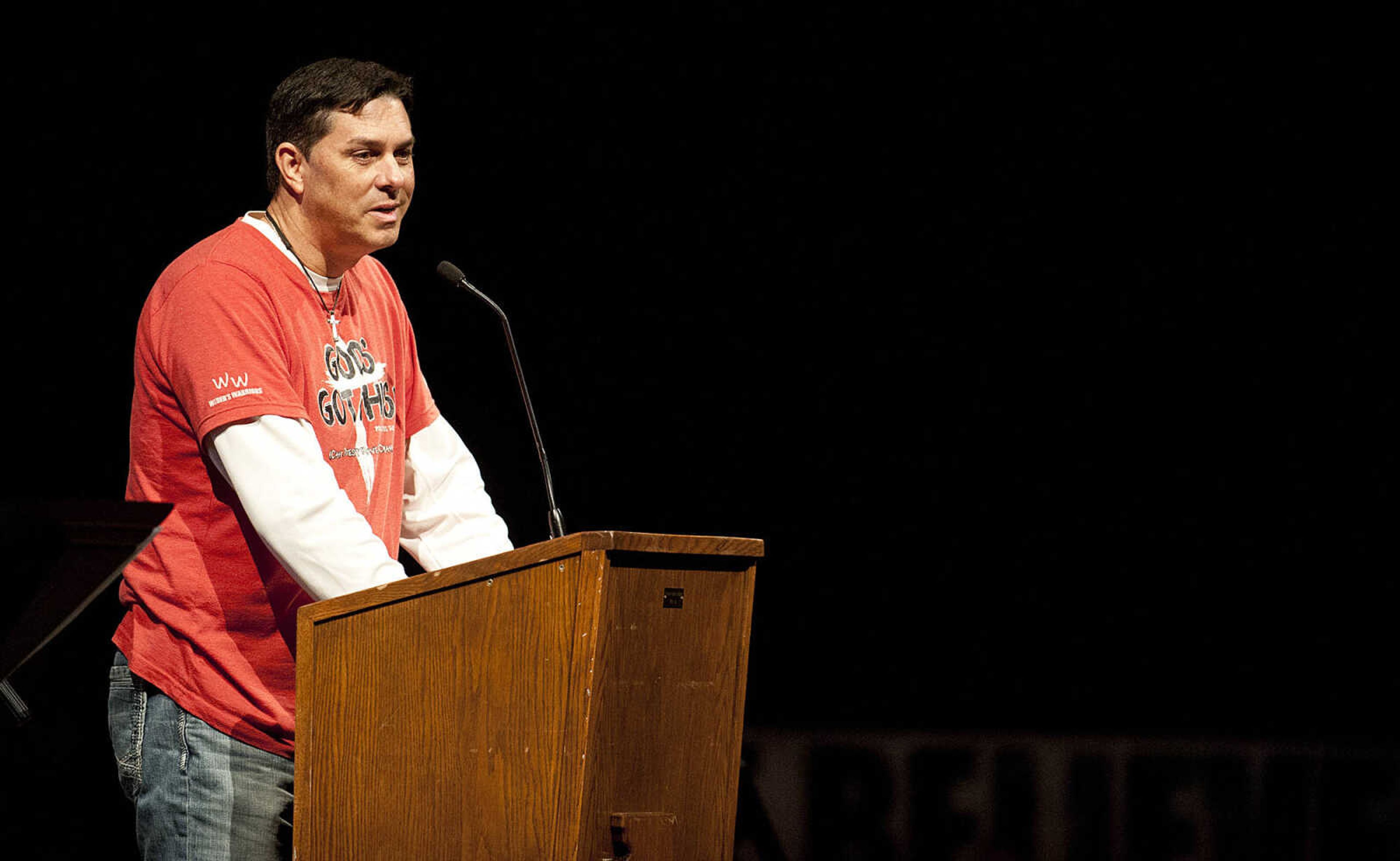 Dean Weber speaks to attendees during "Nolan Weber, Celebration of Life," Wednesday, April 30, at the Jackson High School Event Center. Friends, family and community members gathered to remember the former Jackson High School baseball and soccer player who passed away from brain cancer in December on what would have been Nolan's 19th birthday. Dean spoke about a conversation he had with his son where he told him that when God had healed him they'd have a party and invite the whole town. "He's healed now," said Dean, "and we're having a party."