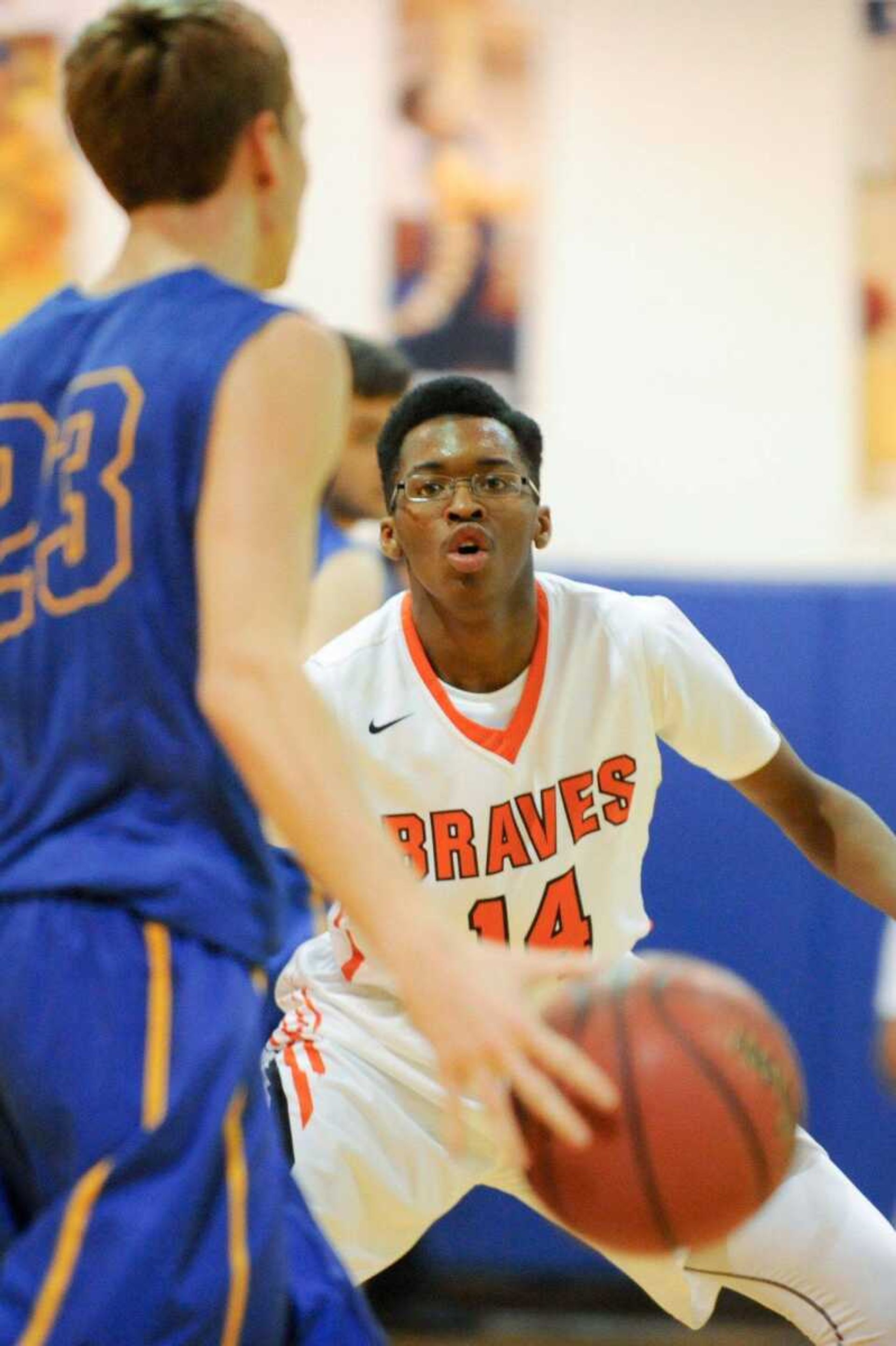 Scott County Central's Jaden Lane guards Oran's Max Priggel during the second quarter of a semifinal game in the Scott-Mississippi Conference Tournament on Thursday, Jan. 21, 2016 in Scott City, Missouri.