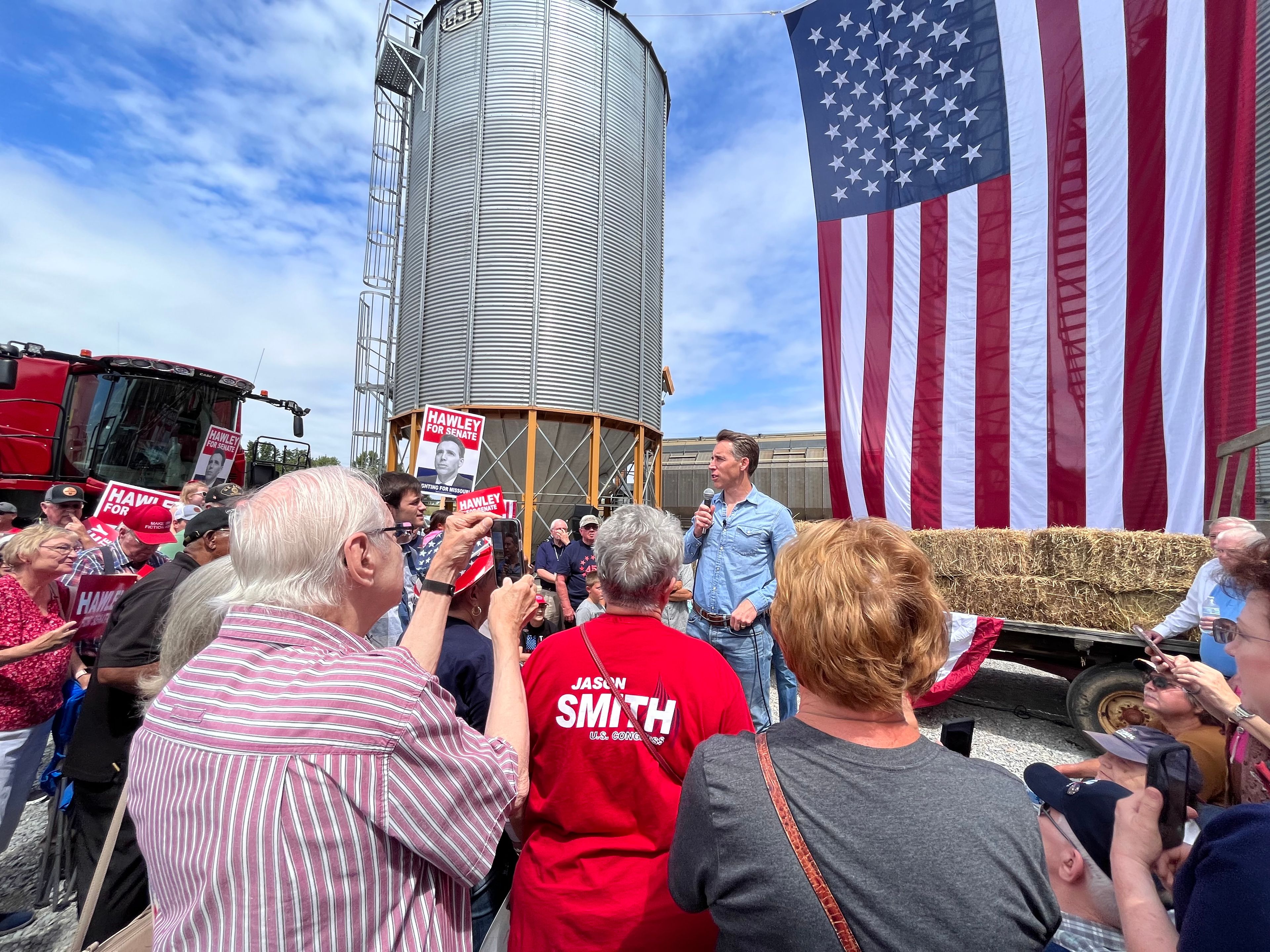 U.S. Sen. Josh Hawley speaks to  supporters during a campaign event Monday, Aug. 12, at Westrich Farms in Scott City. 