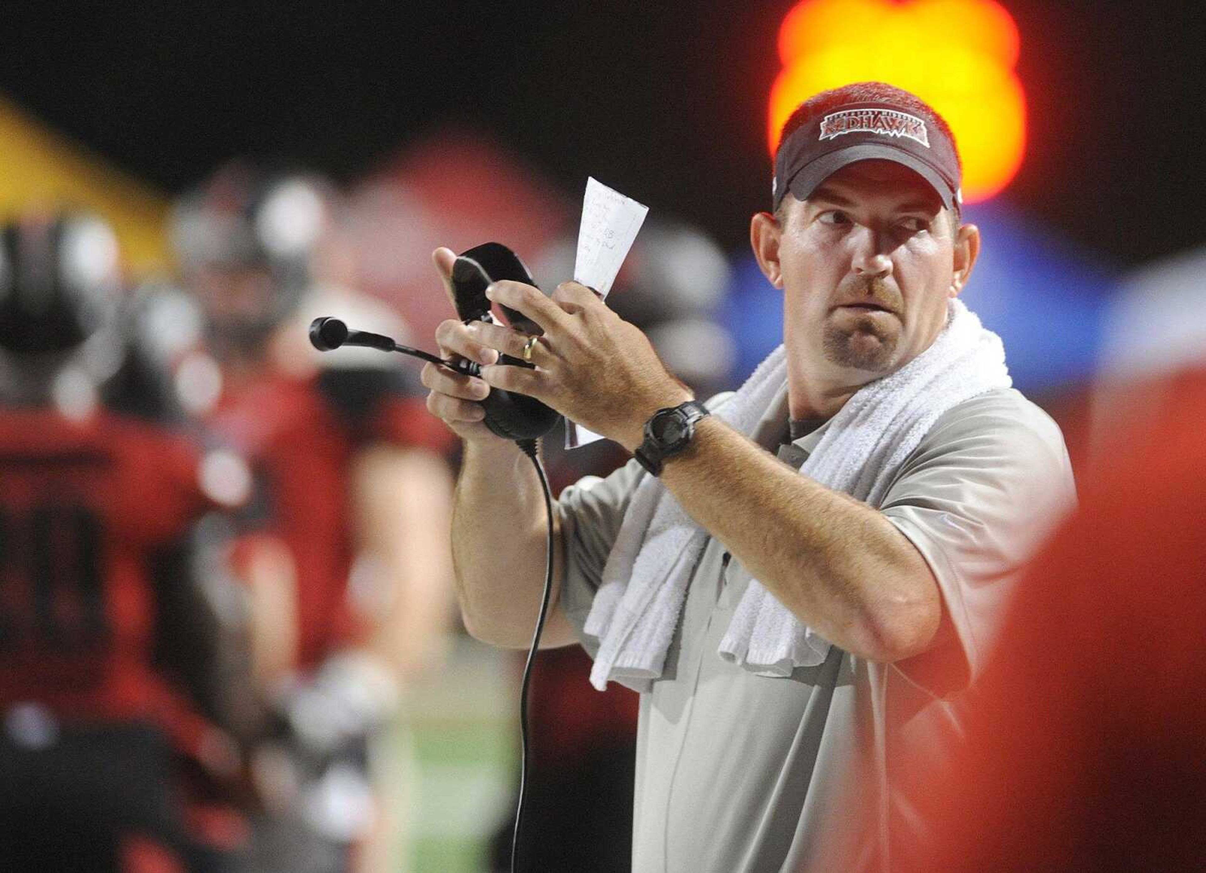 Southeast Missouri State's head coach, Tom Matukewicz looks down the sideline during the first game of the season against against Missouri Baptist Thursday, Aug. 28, 2014 at Houck Stadium. (Glenn Landberg)