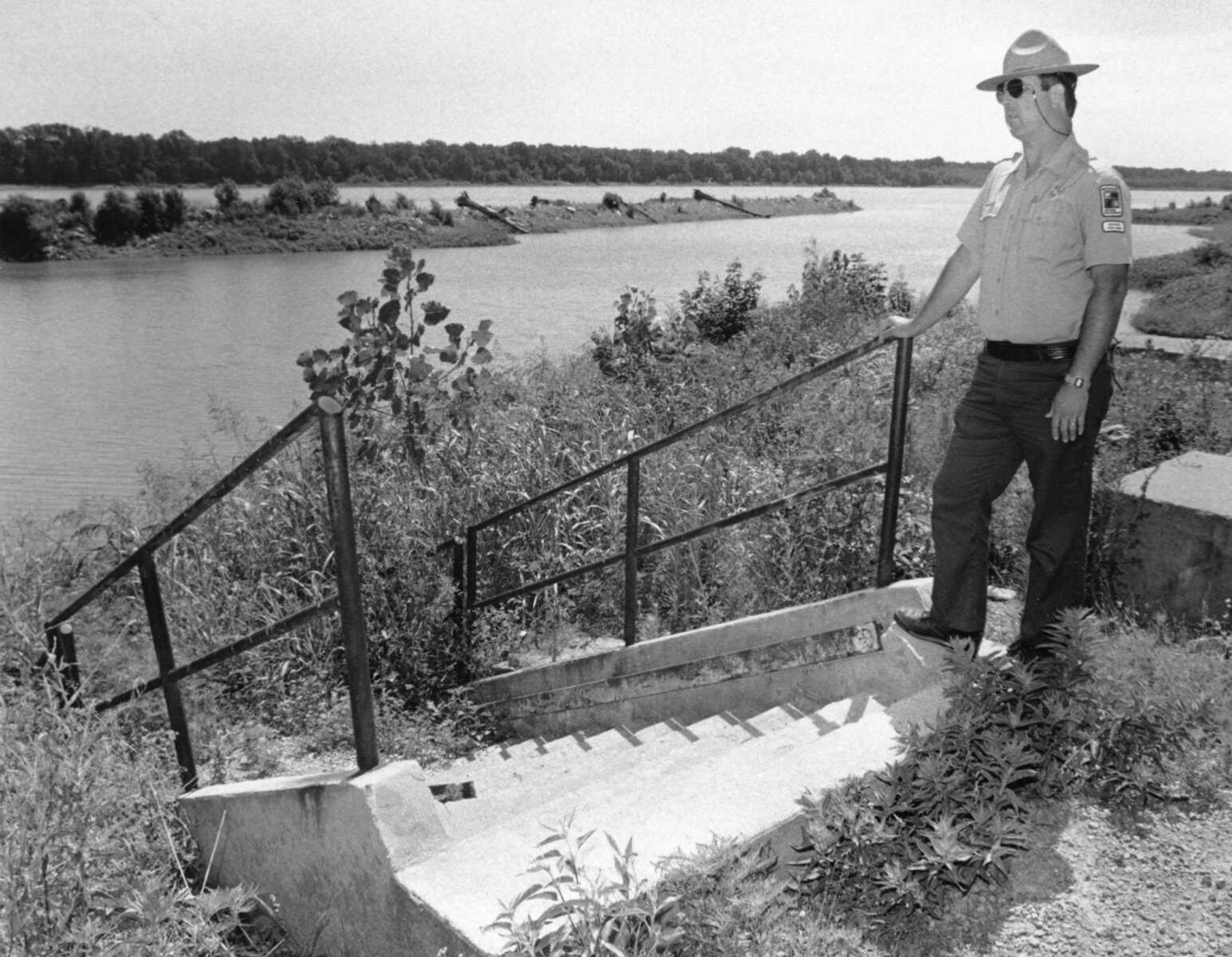 Published July 17, 1992.
Hershel Price, superintendent of Trail of Tears State Park, looked over the marina area along the Mississippi River. The Missouri Department of Natural Resources decided to give up on maintaining the slackwater area and instead maintain the boat ramp access. (Fred Lynch ~ Southeast Missourian archive)