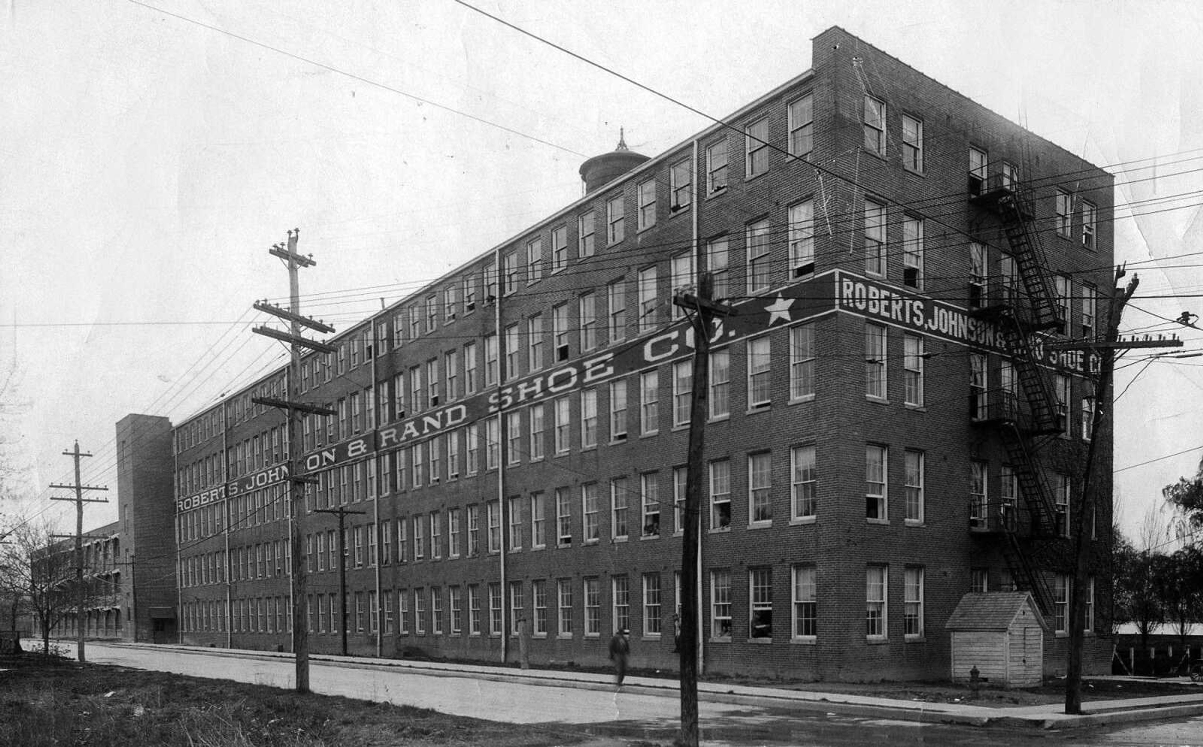 Roberts, Johnson & Rand Shoe Co. on North Main Street. Undated, but after north addition was built. View from the southwest.