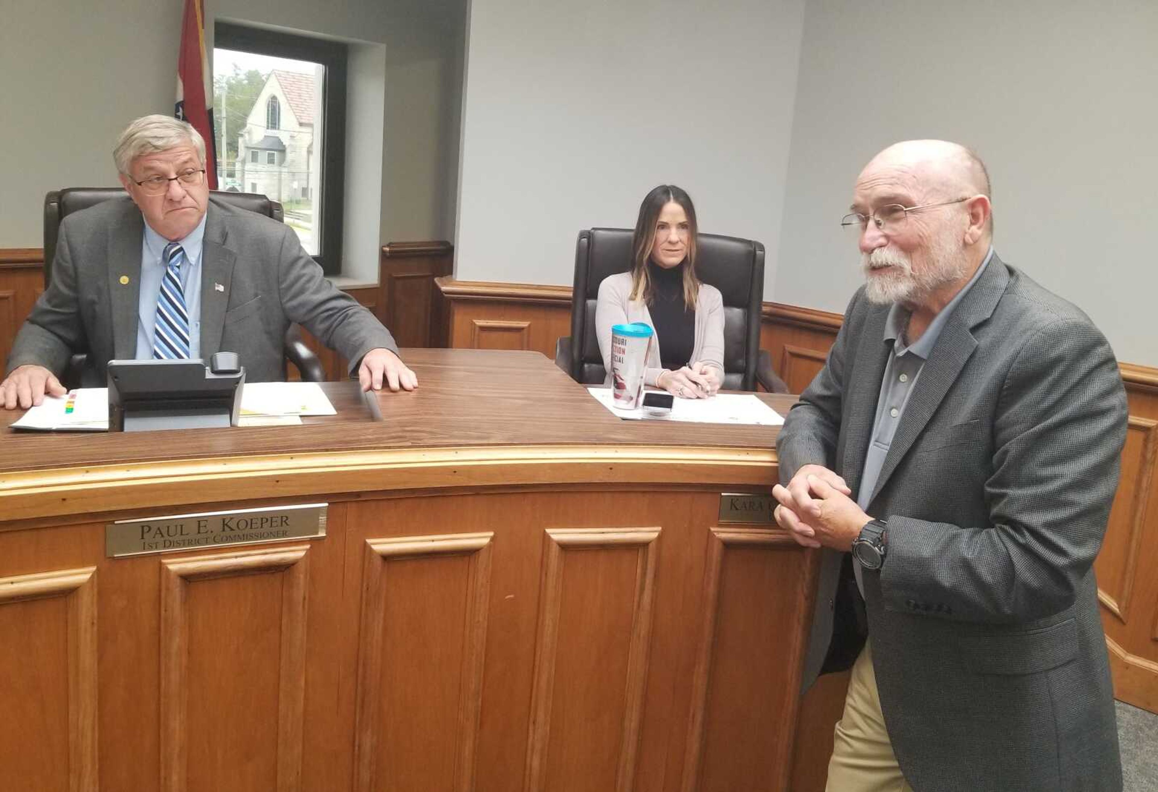 Jim W. Martin of Perryville, Missouri, right, speaks Monday, Sept. 25, to the Cape Girardeau County Commission about the new Stars & Stripes Historic Region Foundation and asked commissioners to support a contribution to the not-for-profit's work. Behind Martin are First District County Commissioner Paul Koeper, left, and County Clerk Kara Clark Summers.