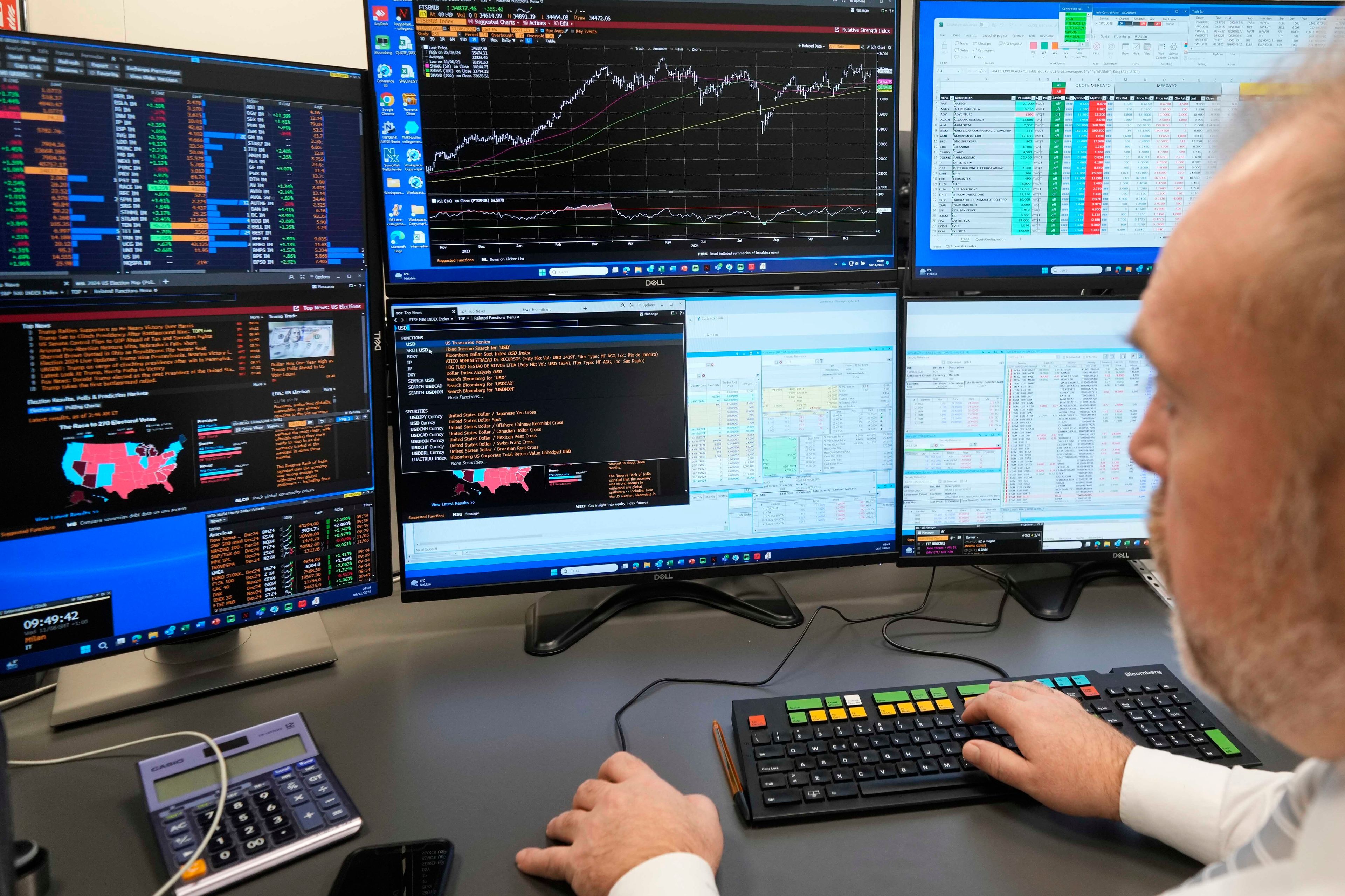 A MIT Sim company broker watches monitors showing graphics of the stock market, in Milan, Italy, Wednesday, Nov. 6, 2024. (AP Photo/Luca Bruno)