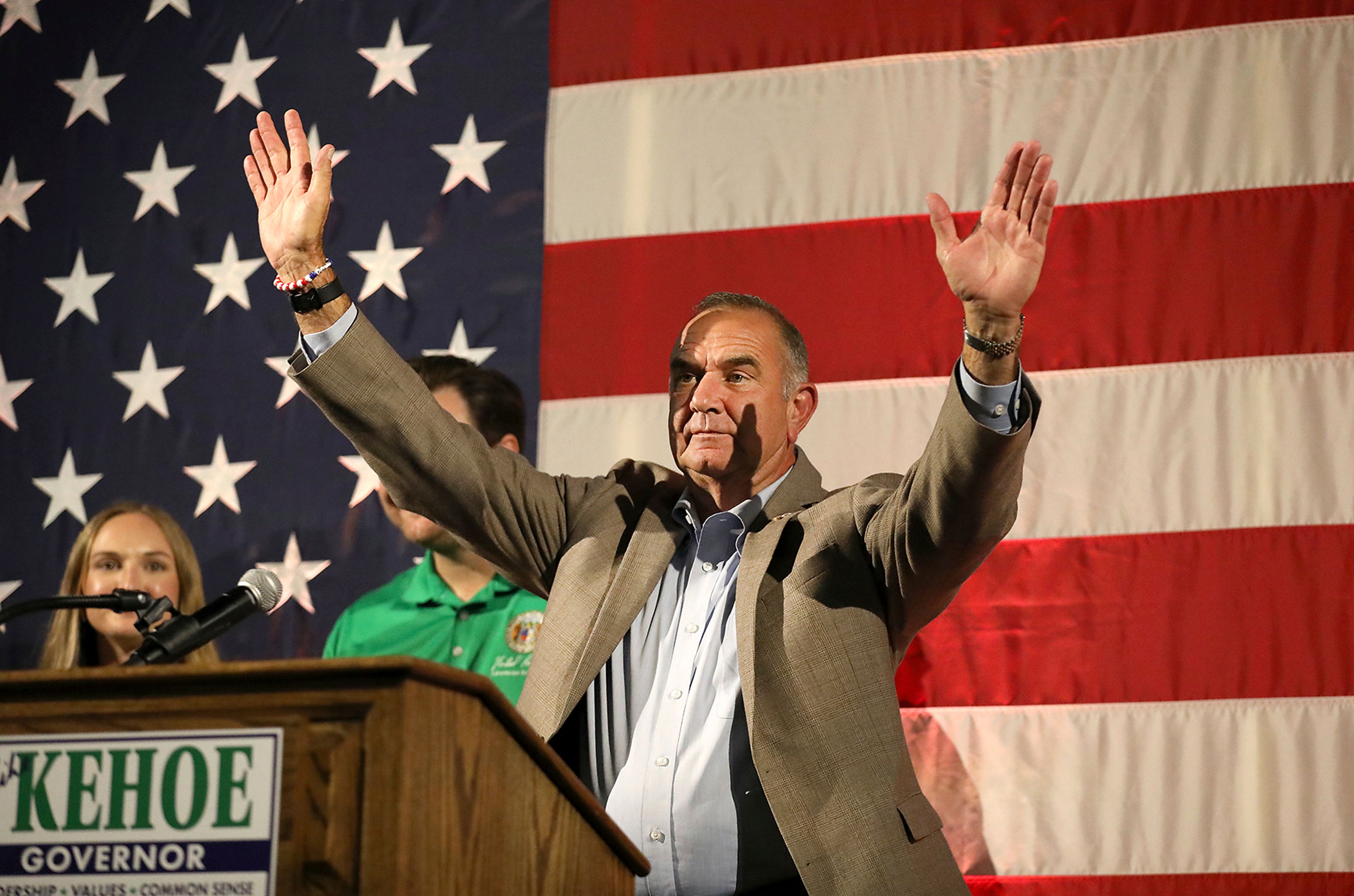 Mike Kehoe speaks to a crowd of supporters during his primary election watch party on Tuesday, Aug. 6, 2024 at Capital Bluffs Event Center in Jefferson City, Mo. (Alix Queen/Missourian via AP)