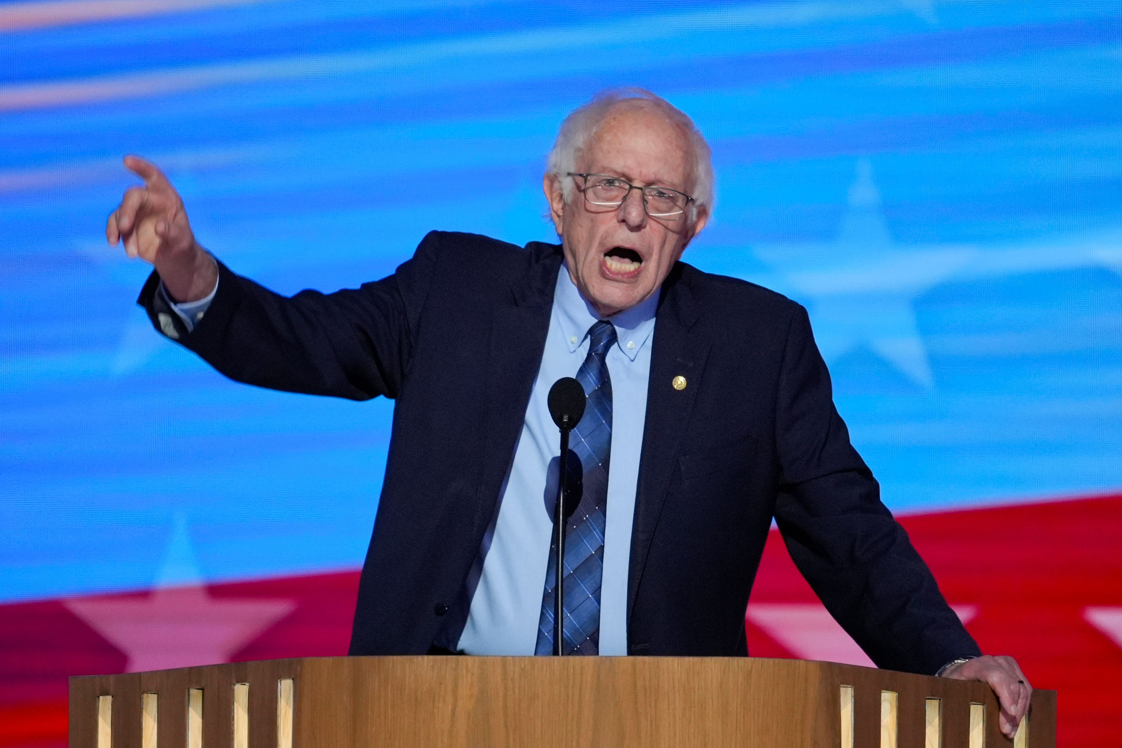 Sen. Bernie Sanders, I-VT., speaking during the Democratic National Convention Tuesday, Aug. 20, 2024, in Chicago. (AP Photo/J. Scott Applewhite)