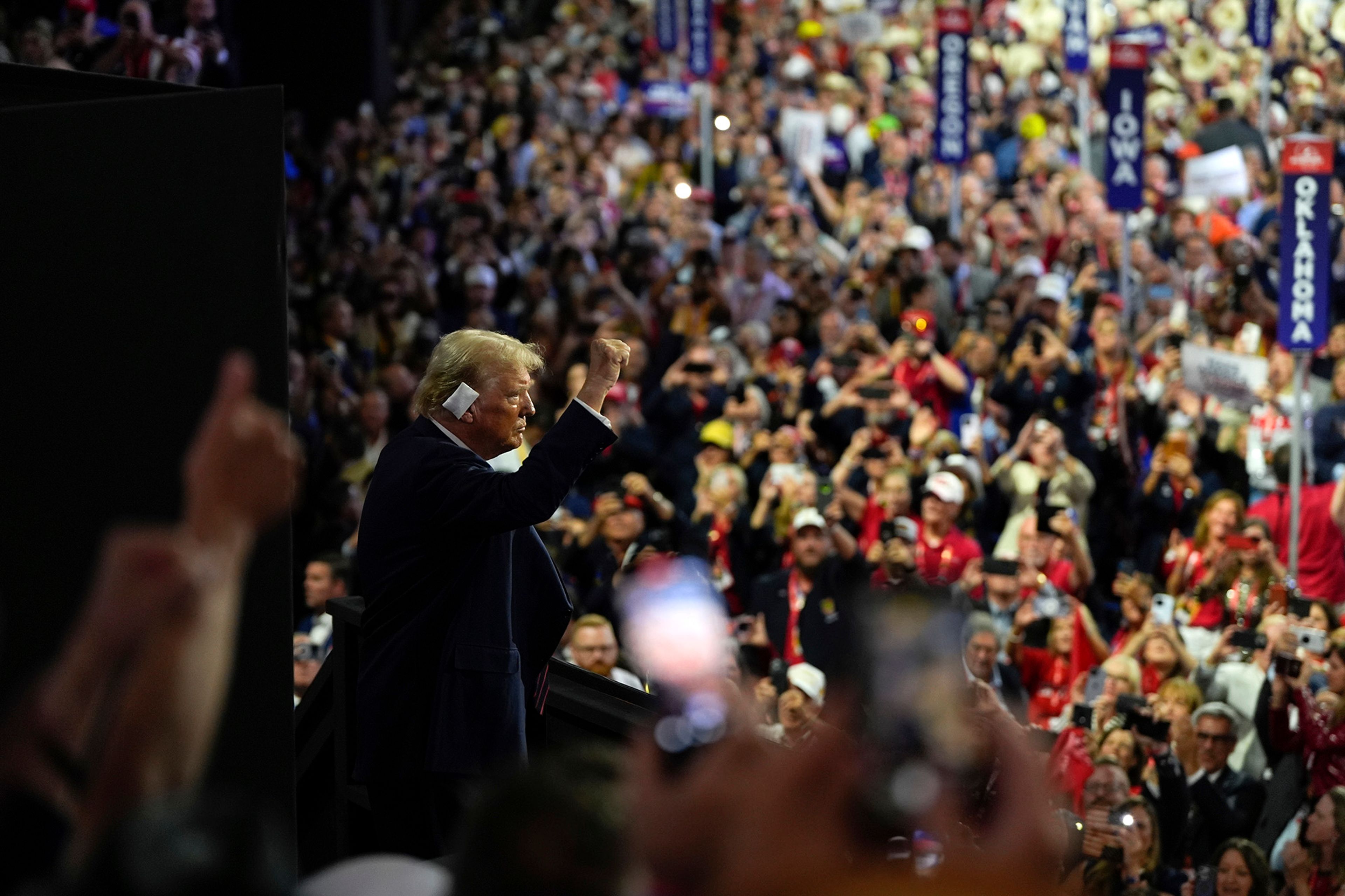 Republican presidential candidate former President Donald Trump gestures as he arrives at the Republican National Convention Wednesday, July 17, 2024, in Milwaukee. 